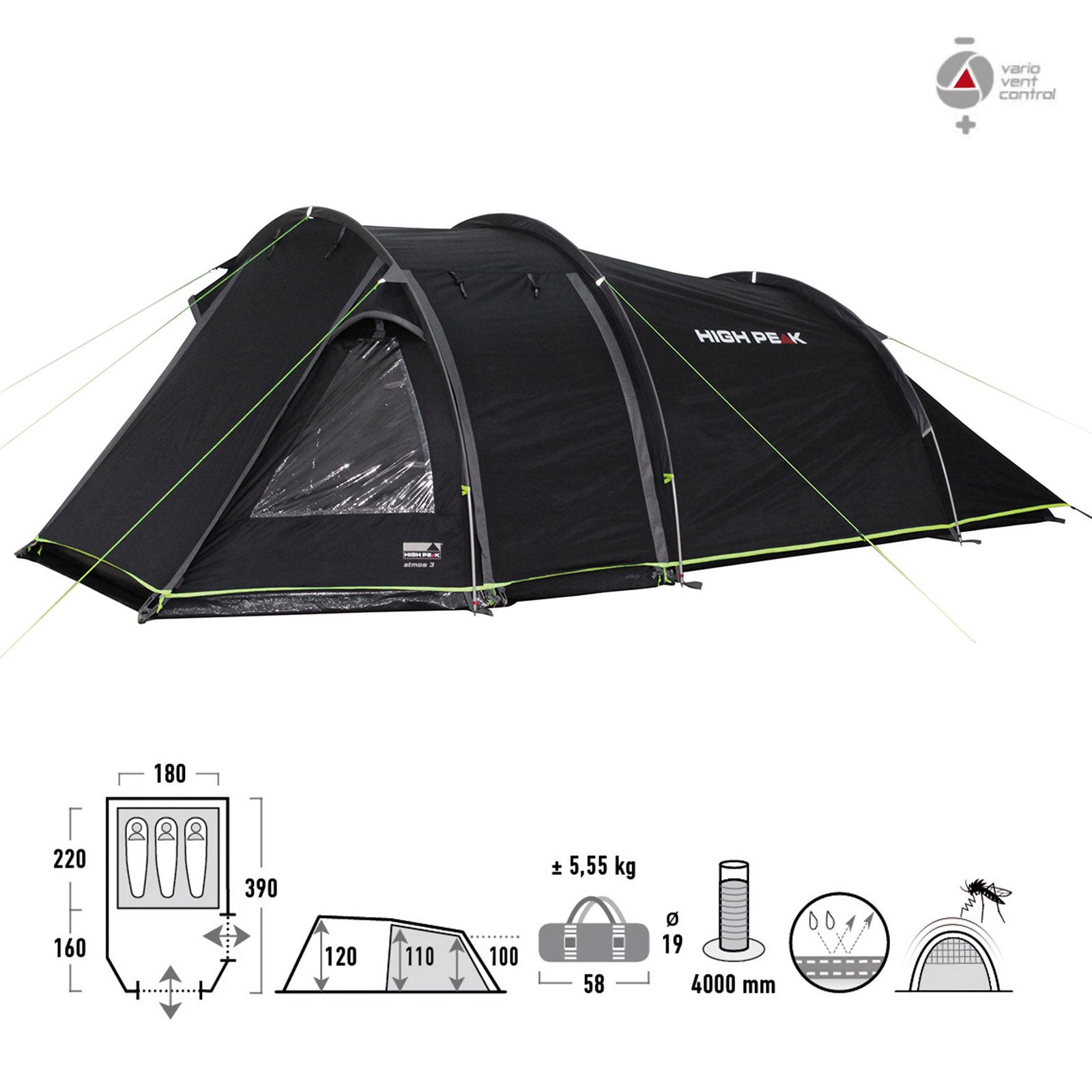 HIGH PEAK Trekking Tent Atmos 2-3 Persons Camping Tunnel Family Tent Apside
