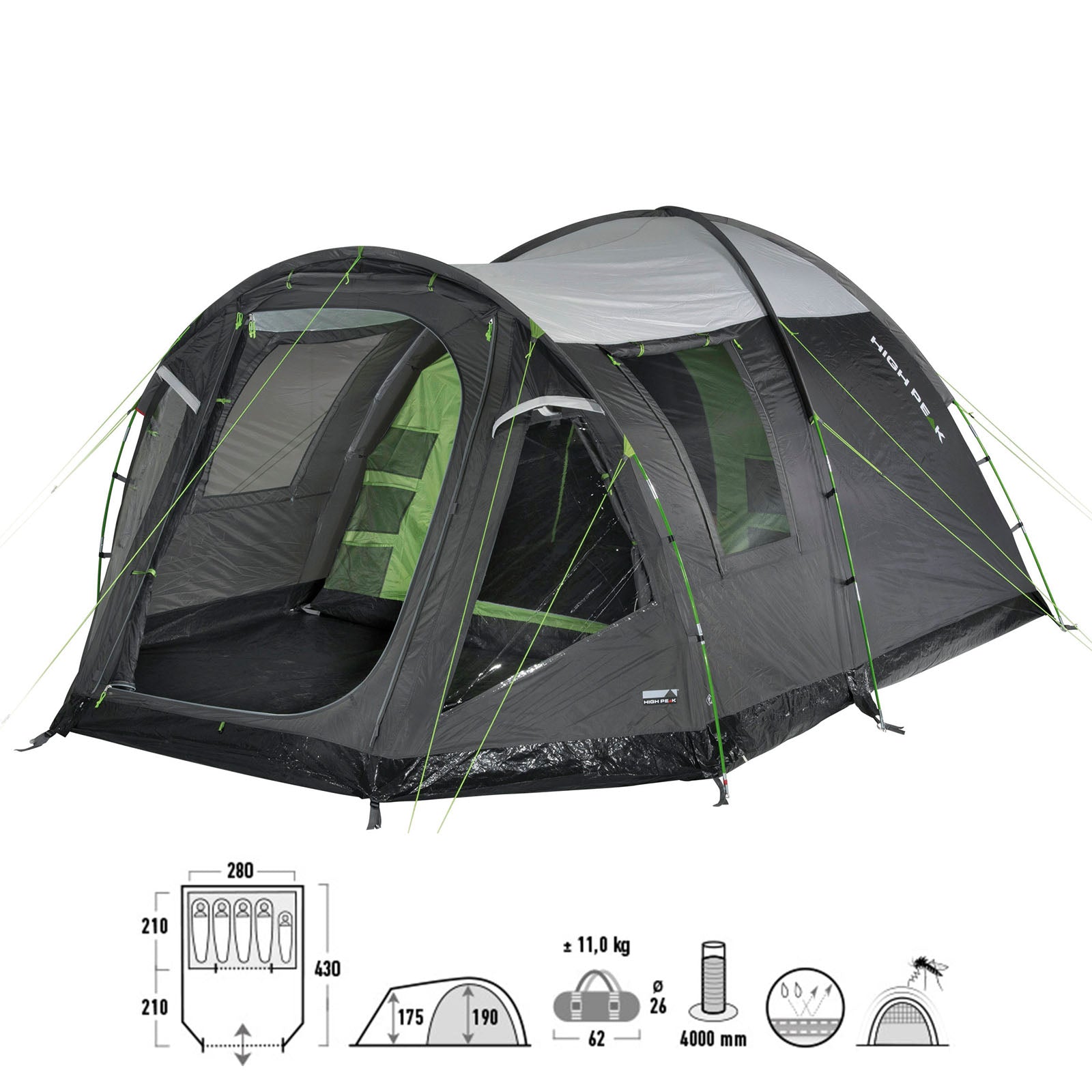 HIGH PEAK Kuppelzelt Santiago 5 Personen Familienzelt Camping Zelt Groß Vorraum