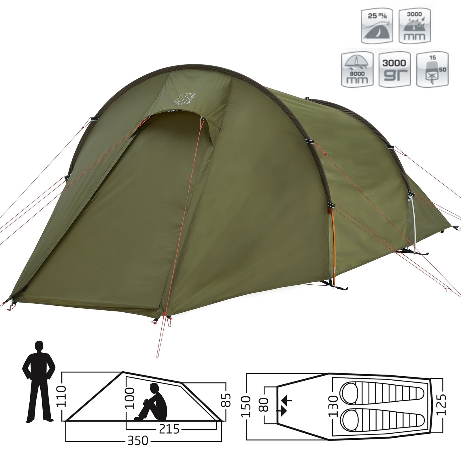 Tente de trekking NORDISK Halland pour 2 personnes, tente tunnel pour vélo, camping, légère
