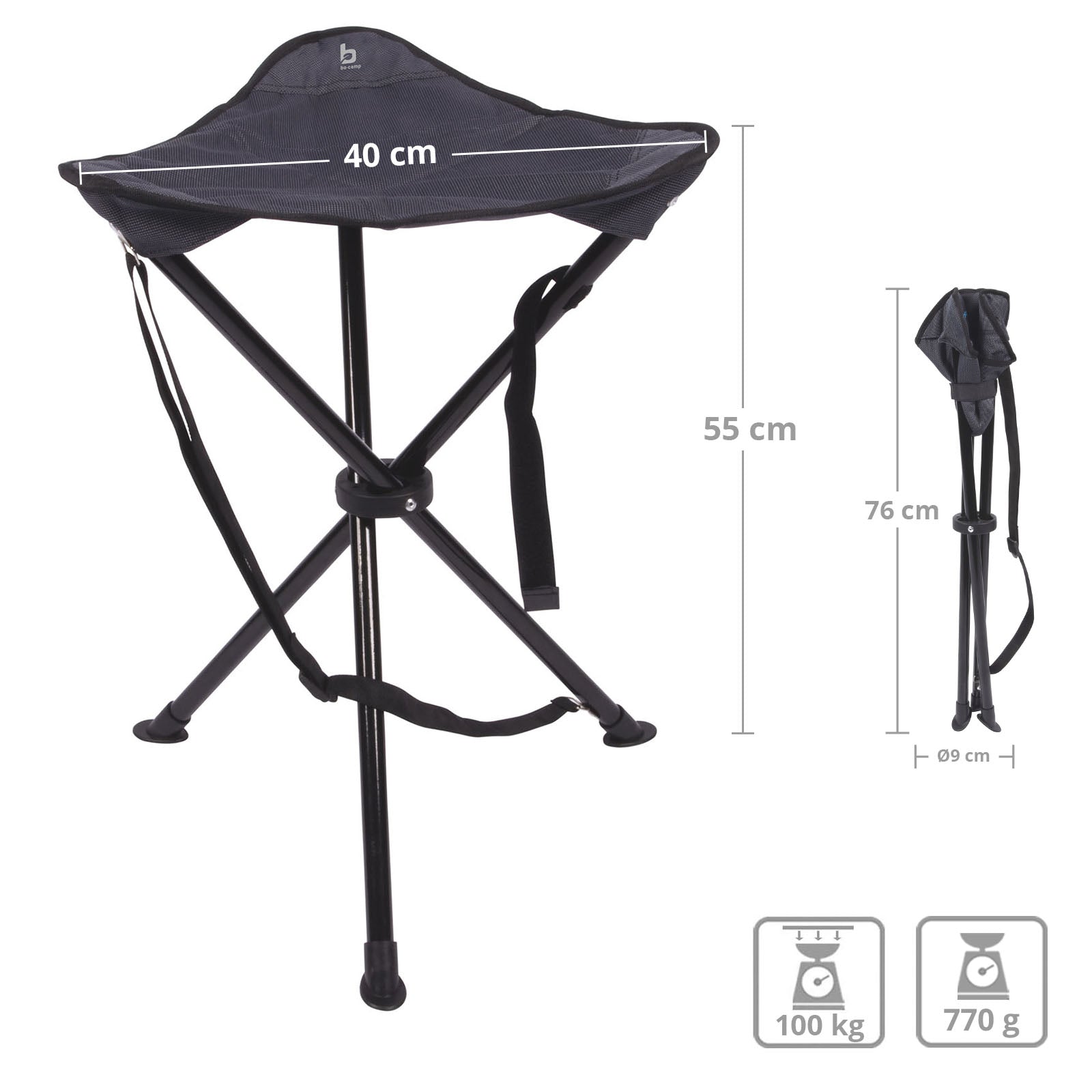 Tabouret trépied BO-CAMP XL - Tabouret haut pliant pour camping, pêche, 3 pieds, acier, 100 kg