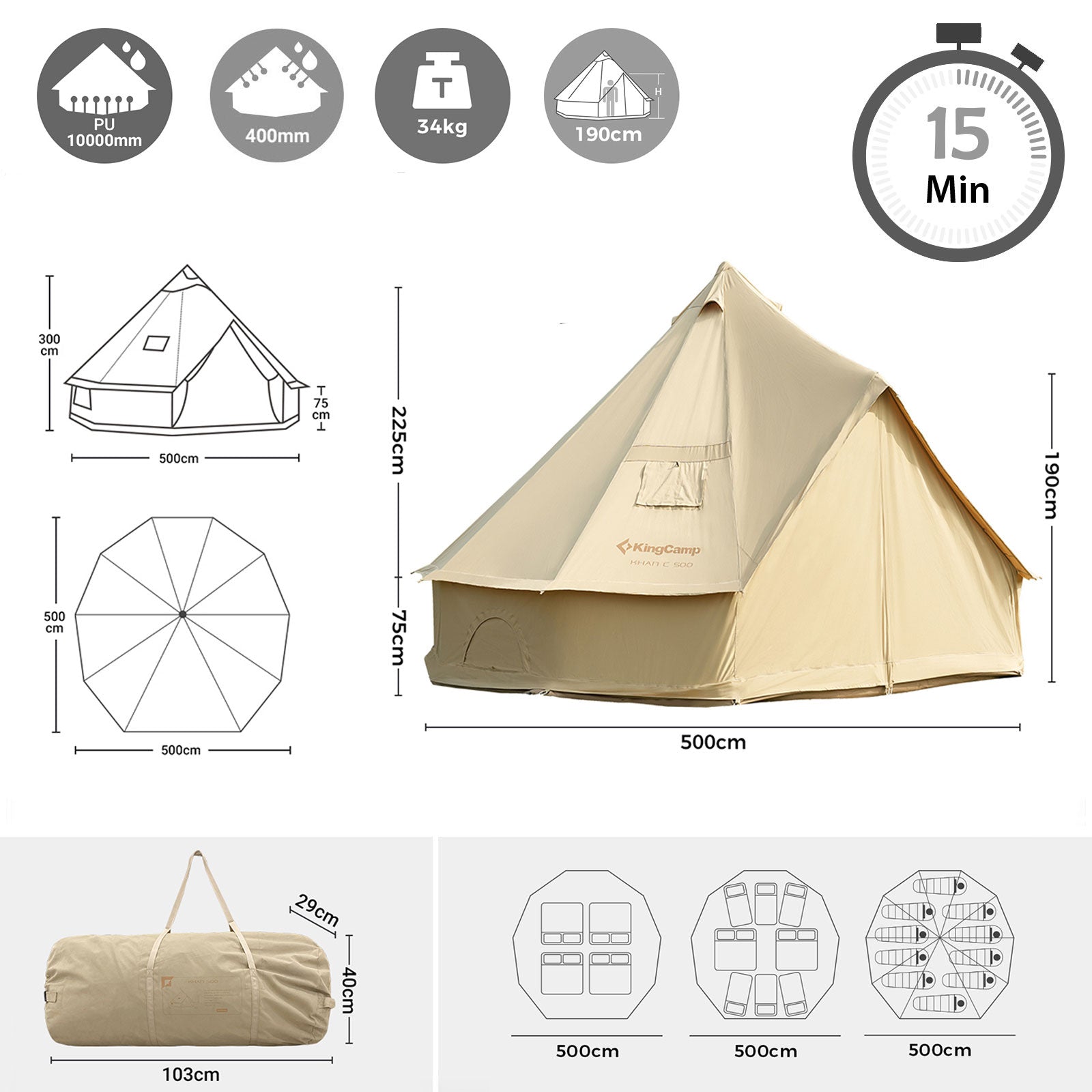 KINGCAMP Tipi Zelt Khan X 500 Familienzelt Glockenzelt 8 Personen Zelt Baumwolle