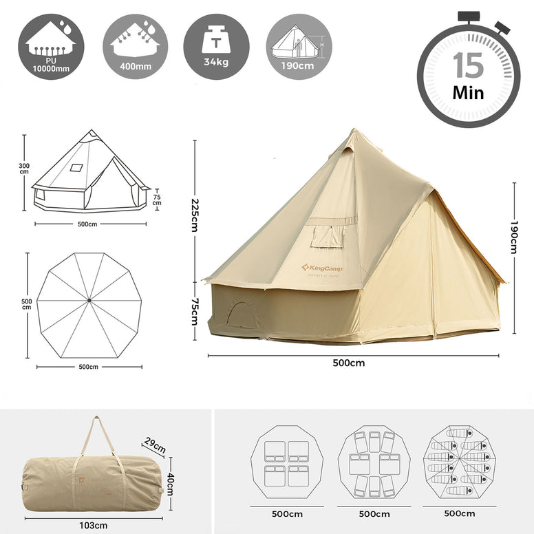 KINGCAMP Tipi Zelt Khan X 500 Familienzelt Glockenzelt 8 Personen Zelt Baumwolle