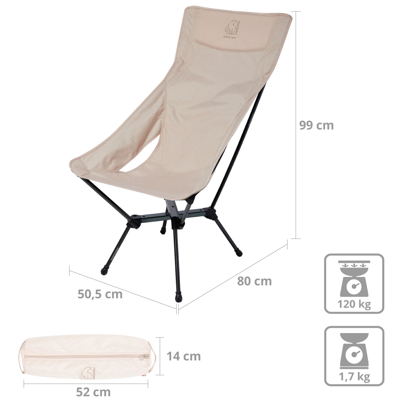 NORDISK Lounge Camping Chair Kongelund LW Folding Chair High Back Lightweight Aluminium 120 kg