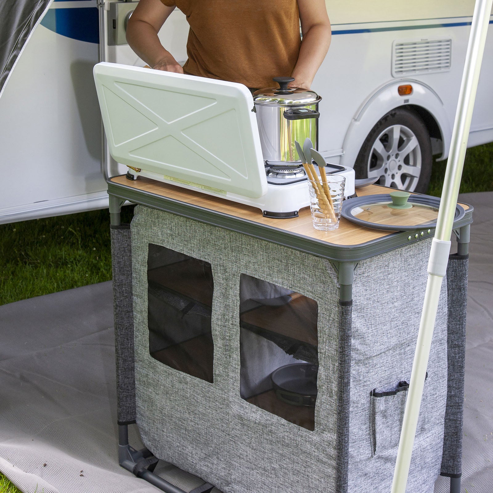 BO-CAMP Camping Kitchen XL Folding Cupboard Fabric Chest of Drawers Caravan Table Large Foldable
