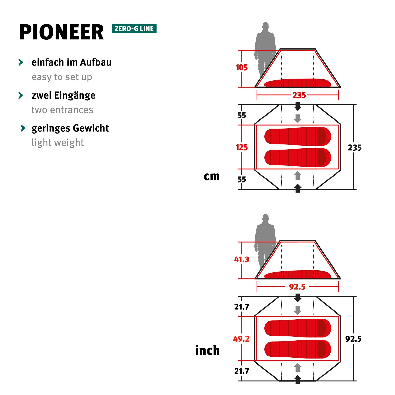 WECHSEL Tente de trekking Pioneer 2 personnes tunnel camping vélo bivouac tente 2,1 kg