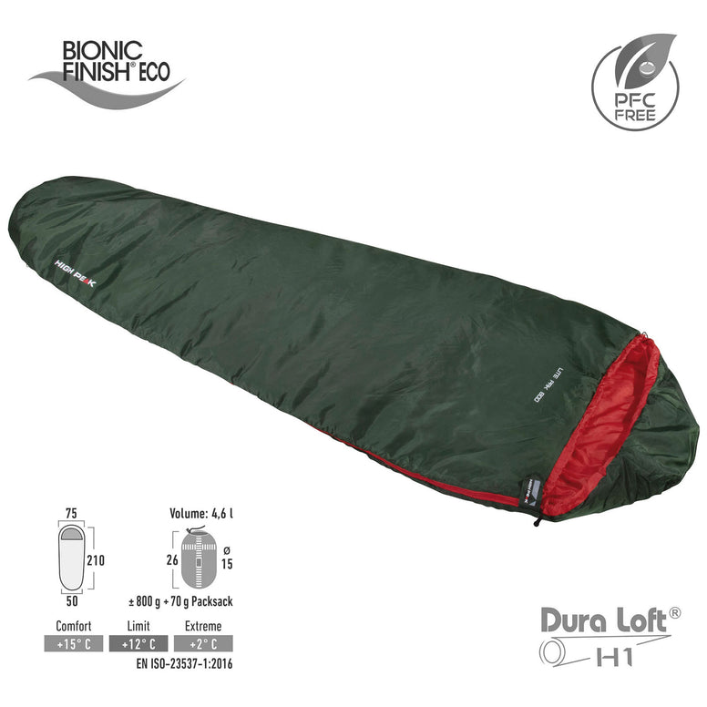 HIGH PEAK Mummy Sleeping Bag Lite Pak 800 Summer Trekking Sleeping Bag 800g Lightweight