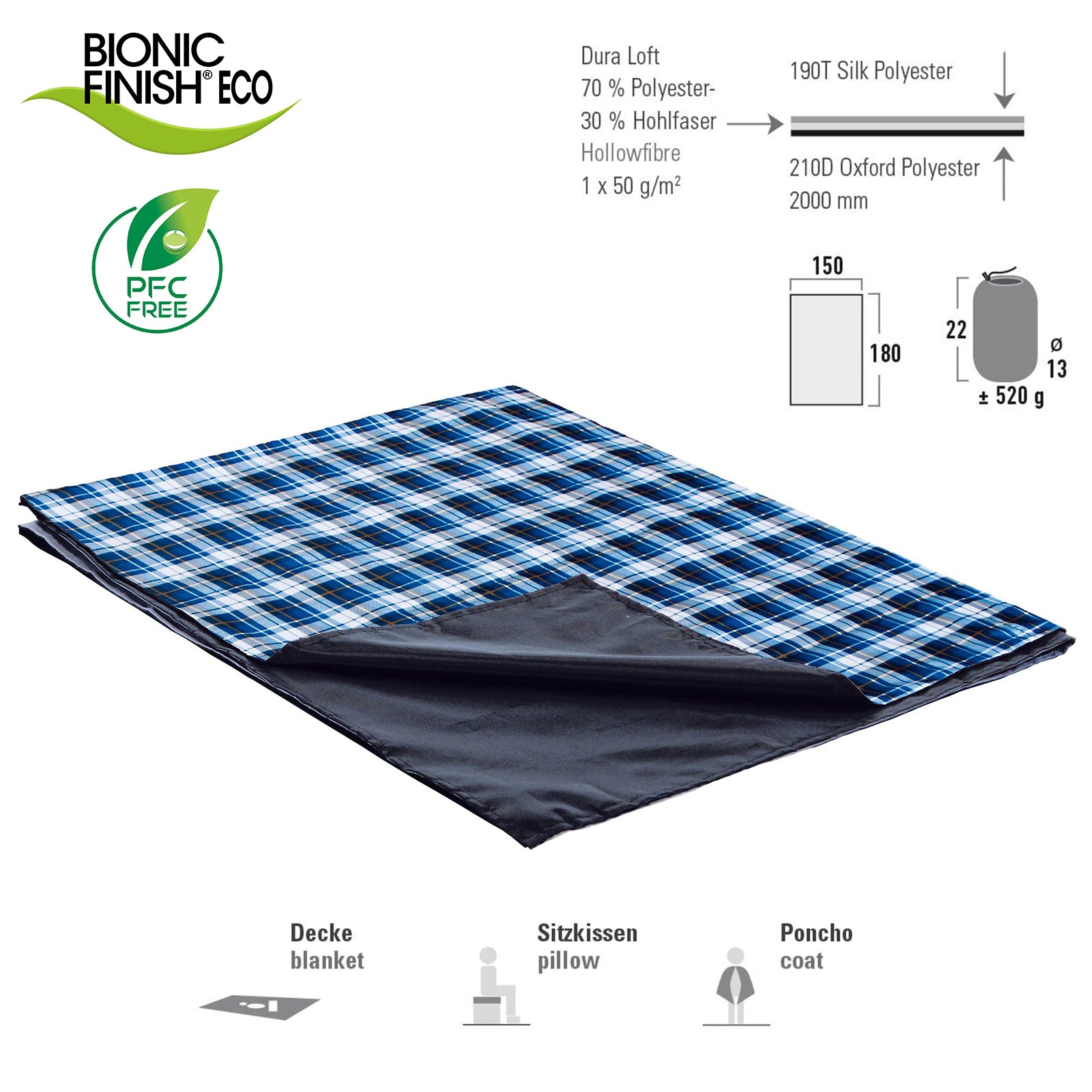 HIGH PEAK Campingdecke Cozy Picknickdecke Reisedecke Strand Decke Picknick 180cm