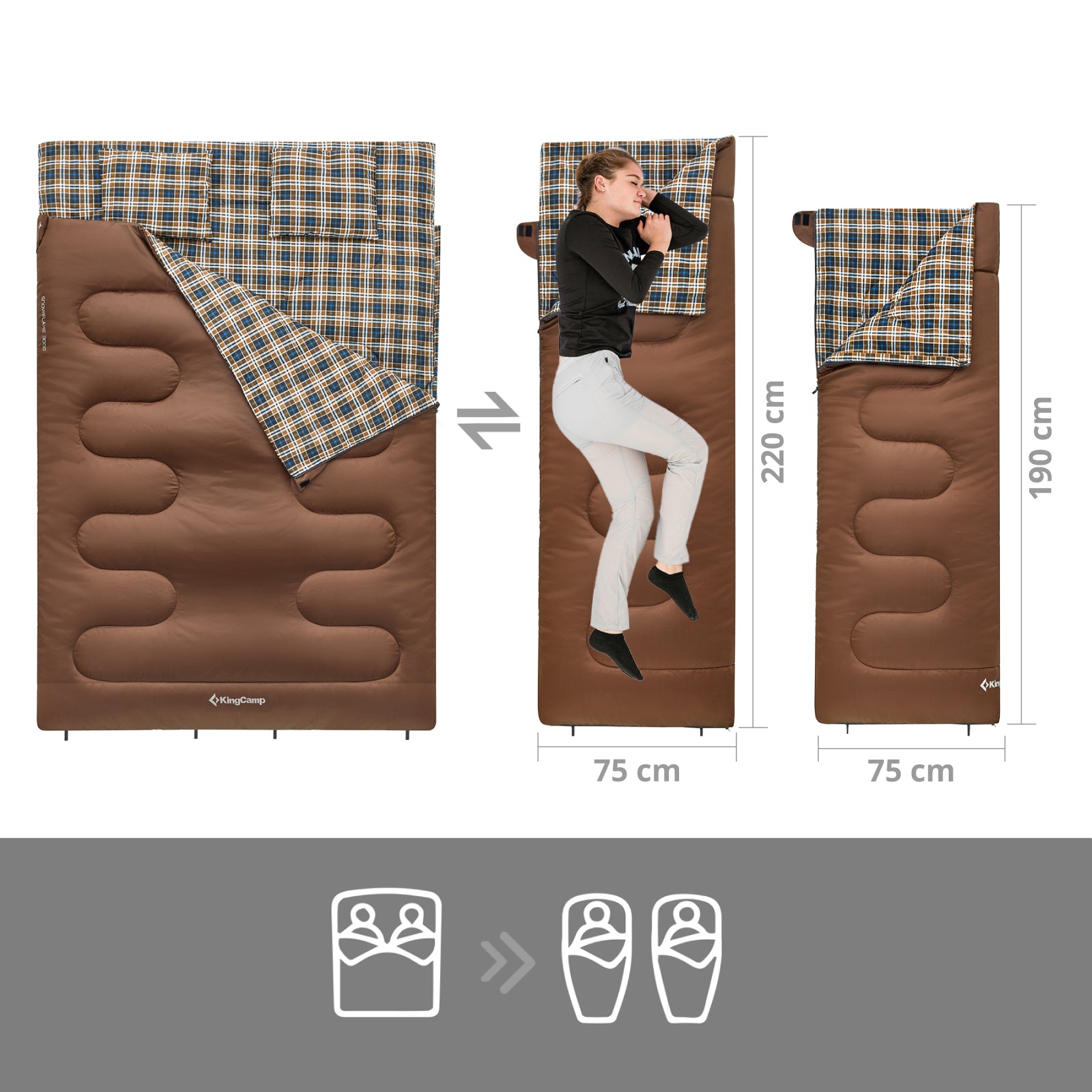 Sac de couchage KINGCAMP Snowflake 300D pour 2 personnes, sac de couchage double long -13°C