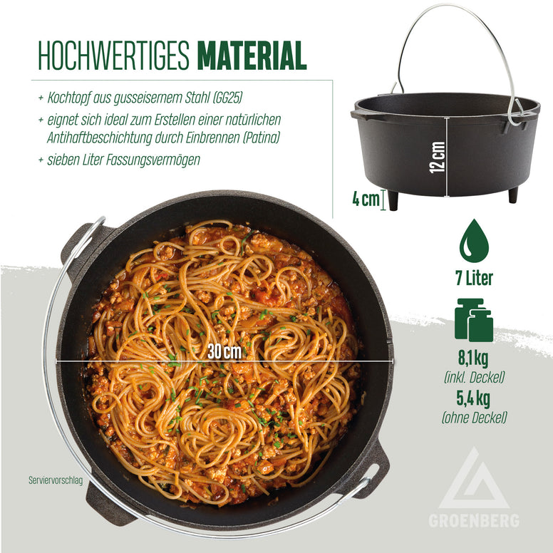 GROENBERG Fire Pot Askja Pot 7 L Cooking Pot Dutch Oven Camping Outdoor Cast Iron