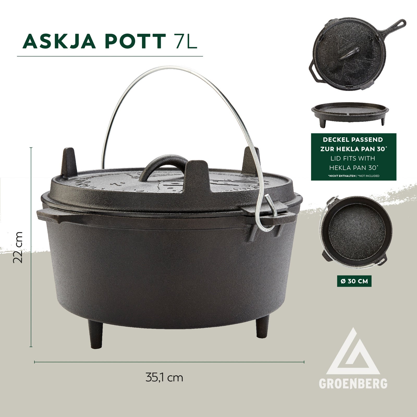 GROENBERG Fire Pot Askja Pot 7 L Cooking Pot Dutch Oven Camping Outdoor Cast Iron