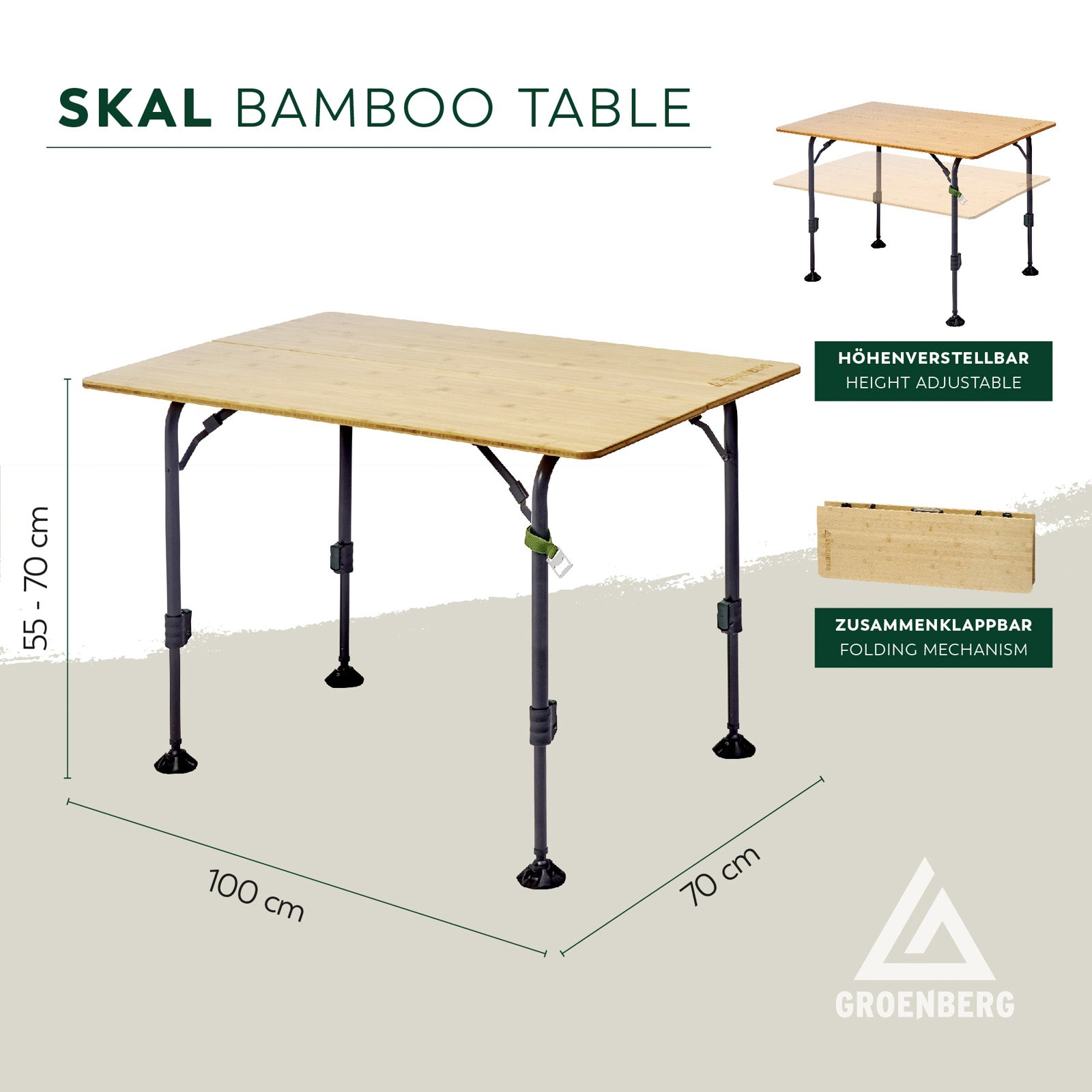 Table de camping pliante GROENBERG Skal, table de valise réglable en hauteur, en bois de bambou