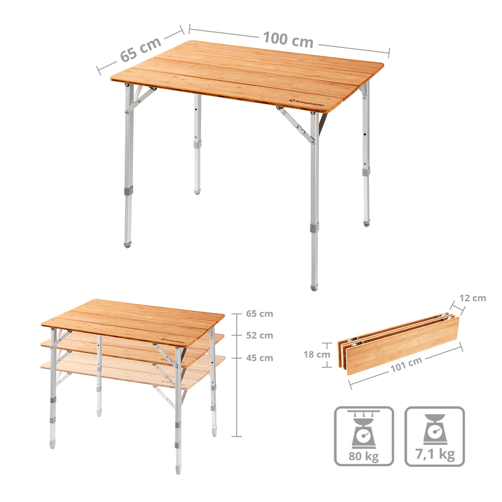 KINGCAMP Bambus Campingtisch Falt Tisch Camping Klapptisch Alu Holz 3 Höhen