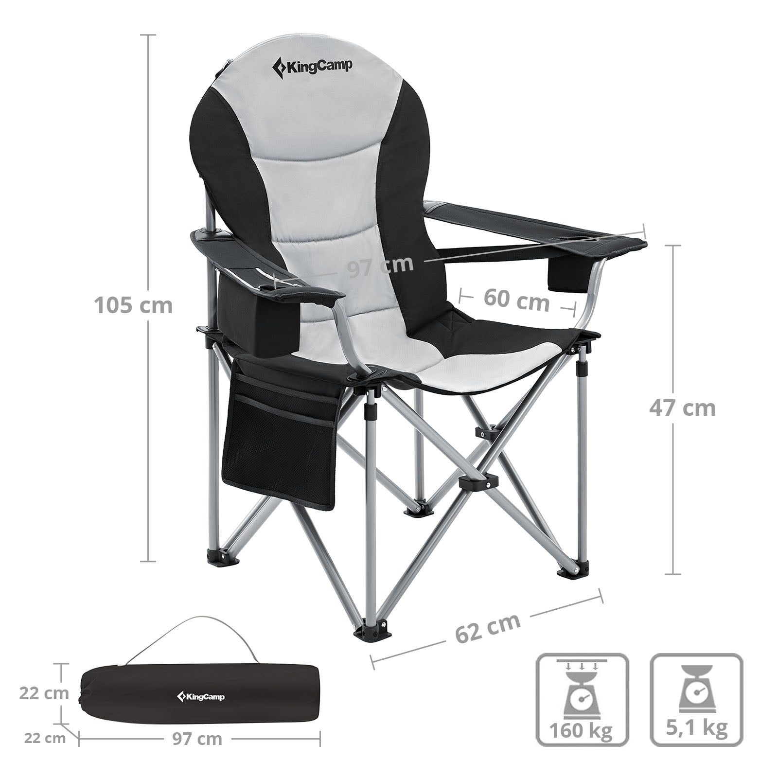 KINGCAMP Camping Falt Stuhl Klapp Sessel Garten Angel Outdoor Kühltasche 160 kg