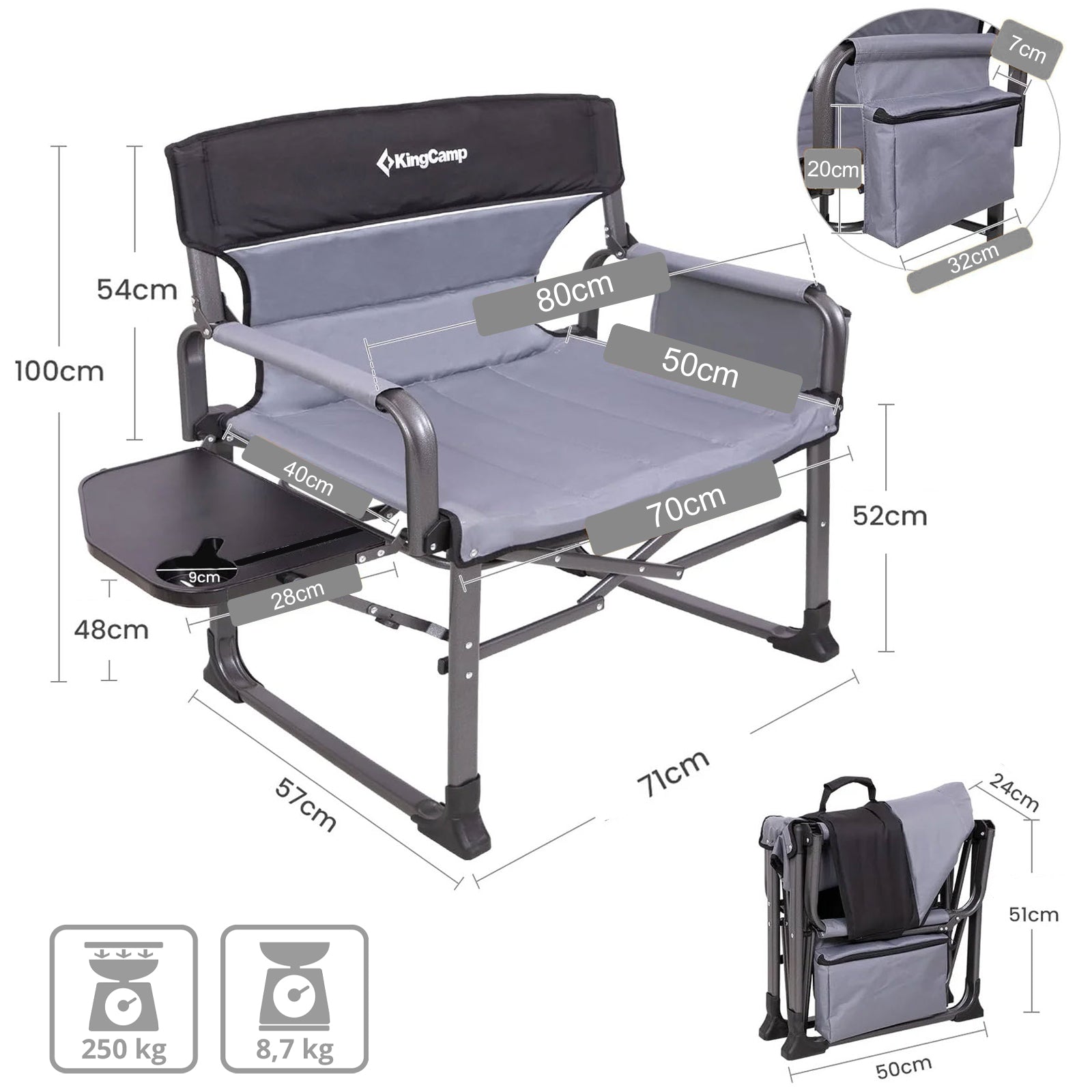 KINGCAMP Campingstuhl Director Chair Deluxe Regiestuhl Outdoor Kühltasche 250 kg