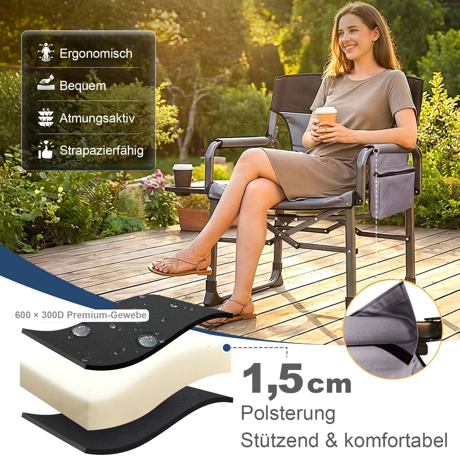 KINGCAMP Campingstuhl Director Chair Deluxe Regiestuhl Outdoor Kühltasche 250 kg