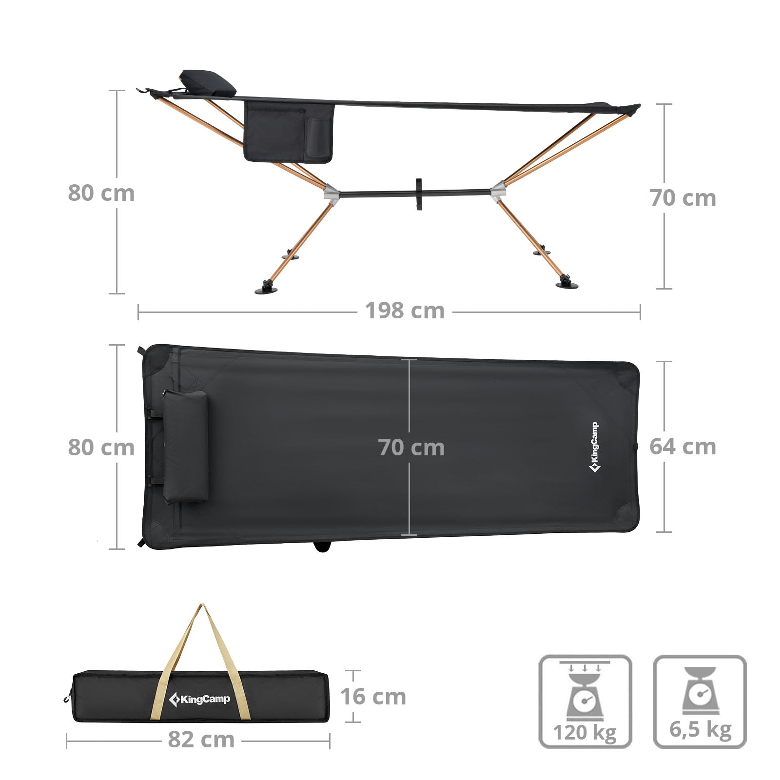 Hamac de camping pliant en aluminium Kingcamp XL, support large, capacité de charge : 120 kg