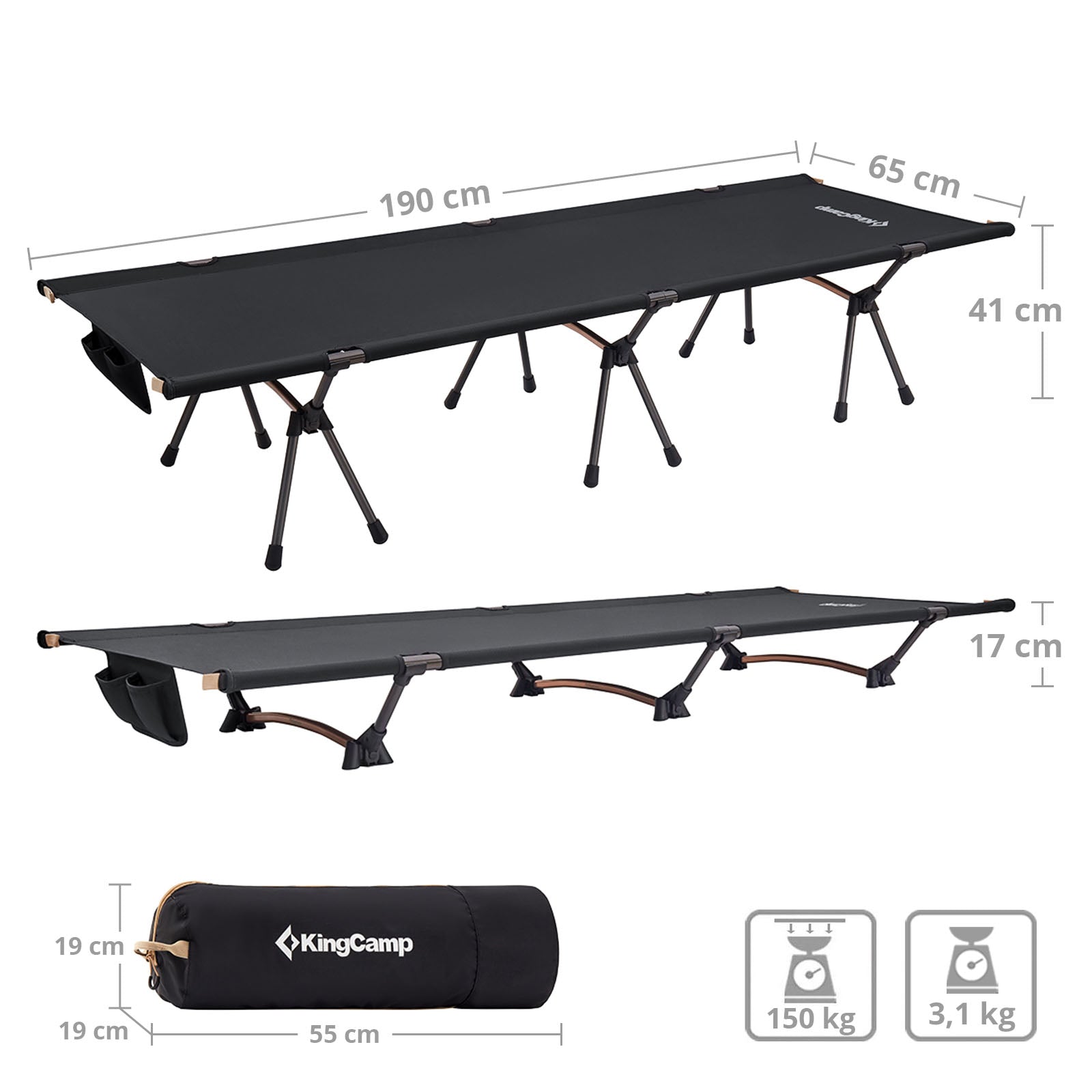 Lit de camp en aluminium KINGCAMP, lit pliant à clic, chaise longue de camping légère et haute, 150 kg, 2 hauteurs
