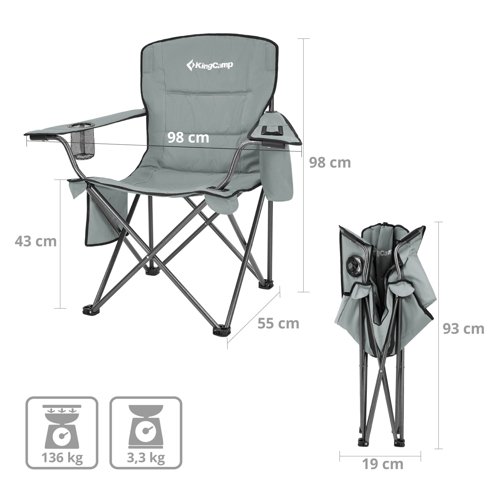 KINGCAMP Camping Chair Oakdale Folding Chair XL Beach Folding Chair Cooler Bag 136 kg