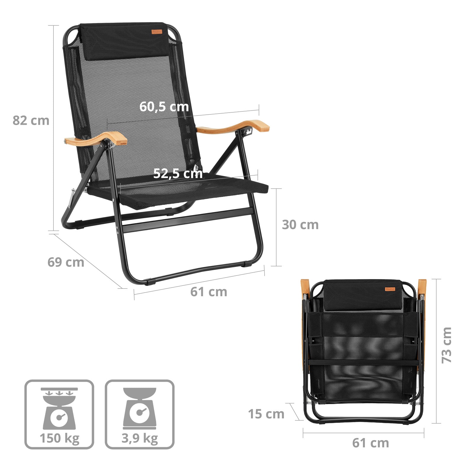 KINGCAMP Lounge Chair Hayden Camping Chair Outdoor XL Low Wood 150 kg