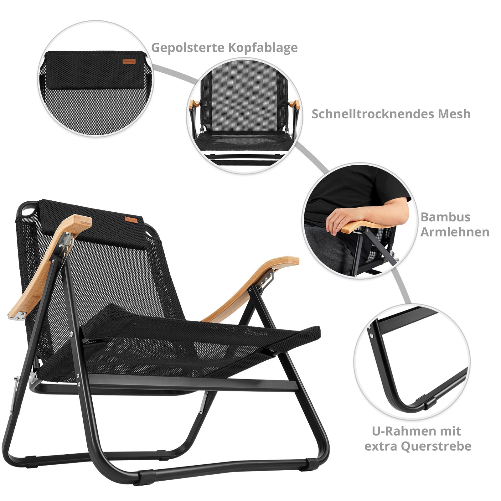 KINGCAMP Lounge Chair Hayden Camping Chair Outdoor XL Low Wood 150 kg