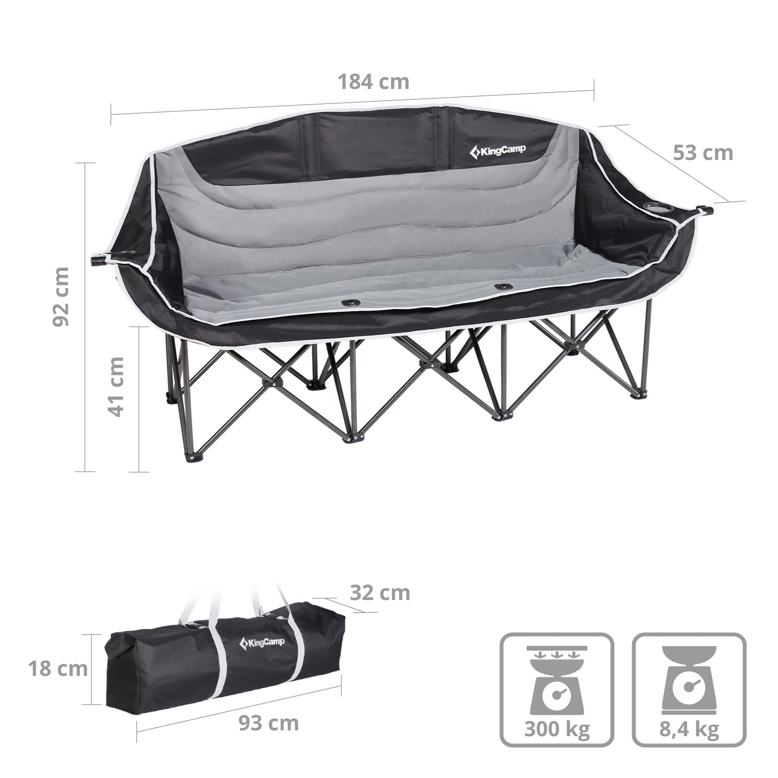 KINGCAMP Camping Sofa Triple Deluxe Lounge 3 Person Folding Chair Couch 270 kg