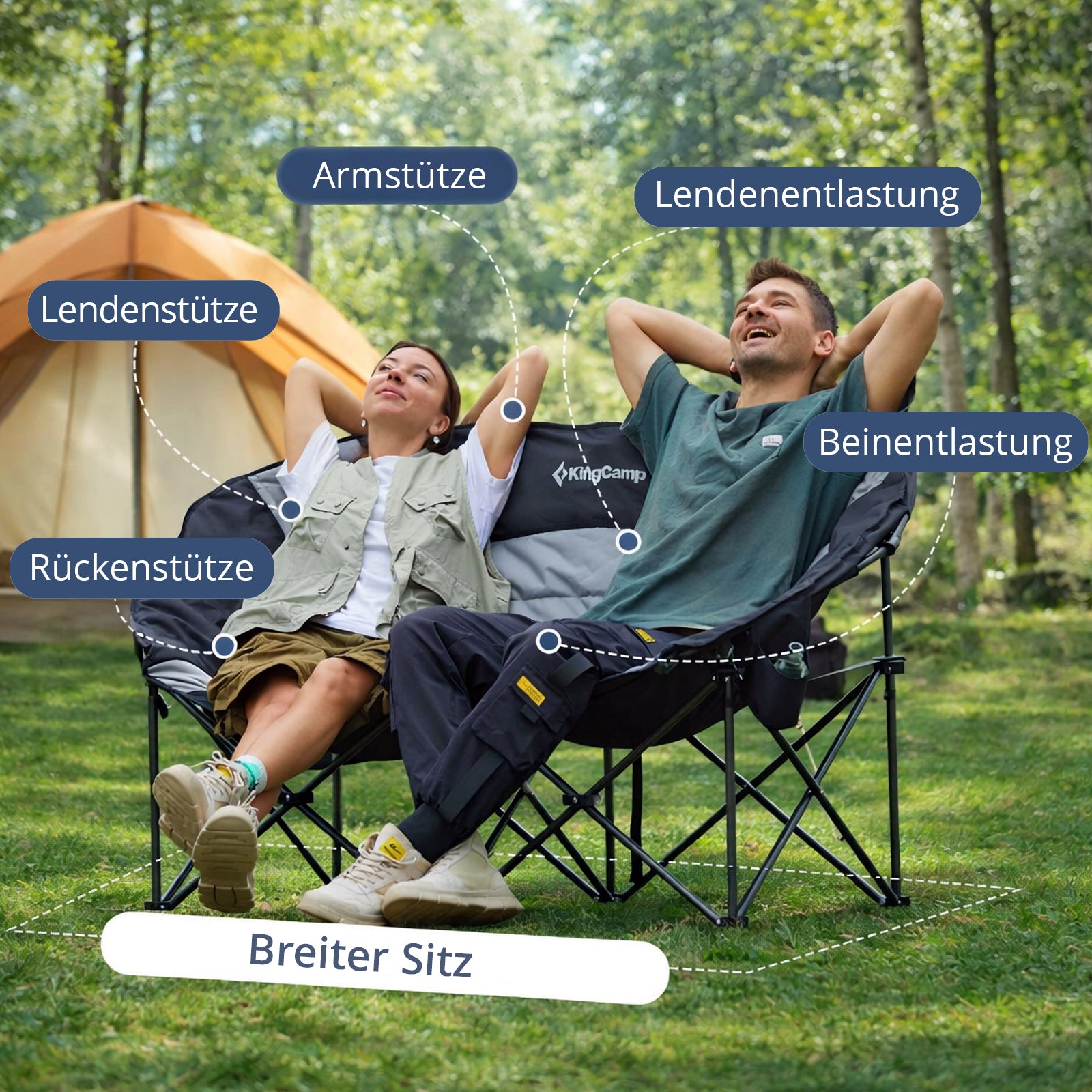 KINGCAMP Campingstuhl Moon Sofa Doppel Lounge Chair 2 Personen Stuhl 300 kg