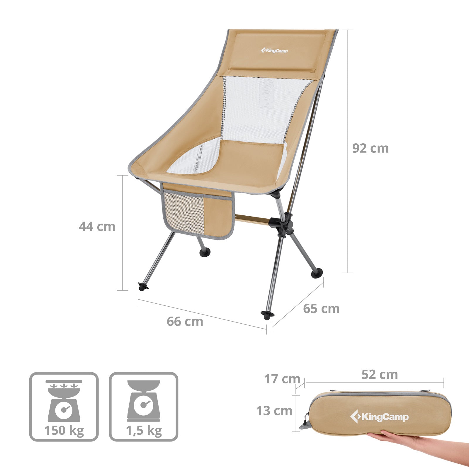KINGCAMP Camping Chair Logan Folding Chair Beach Chair Foldable Lightweight Aluminum 150 kg