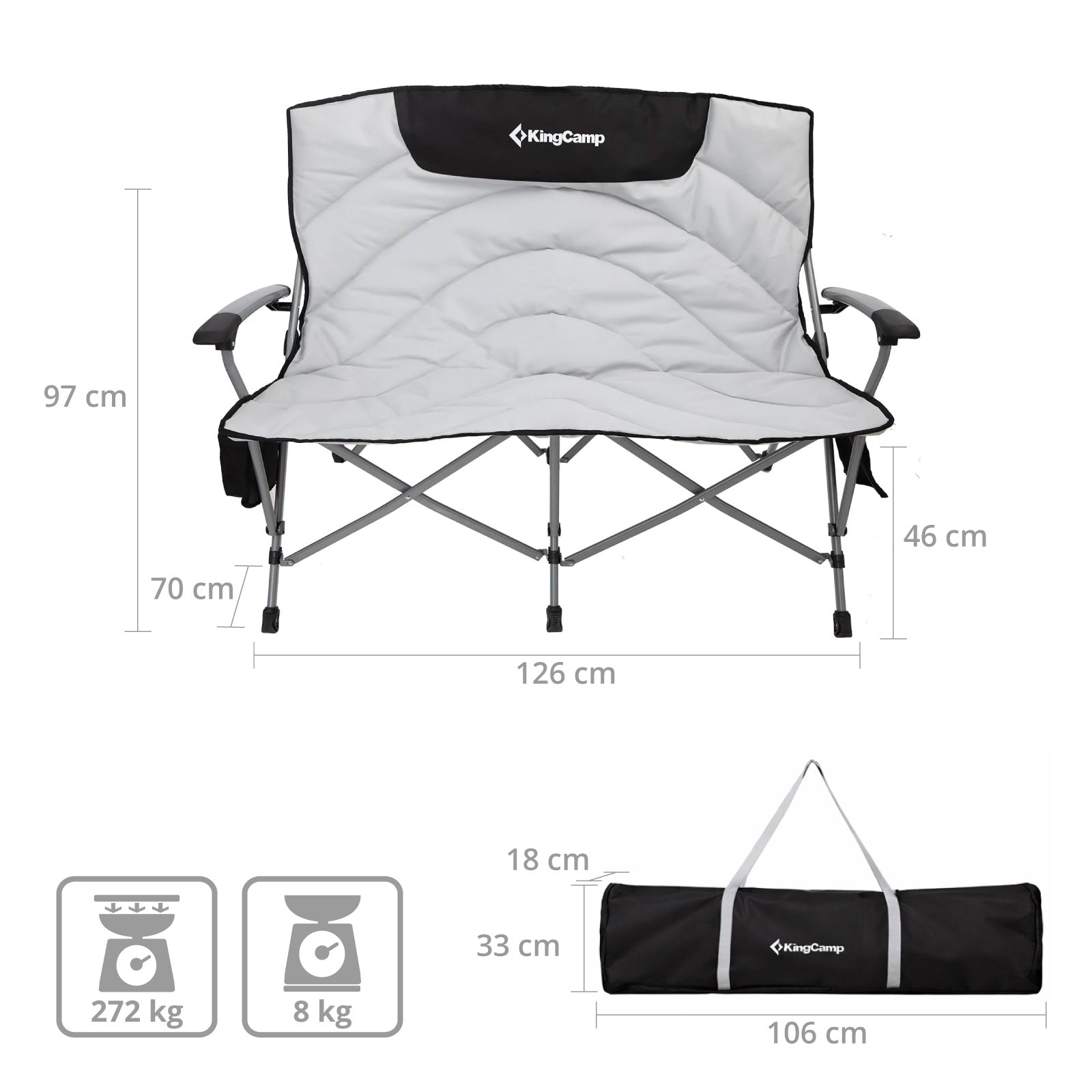 KINGCAMP Campingstuhl Sofa Comfort Duo Doppel Lounge 2 Personen Stuhl 272 kg