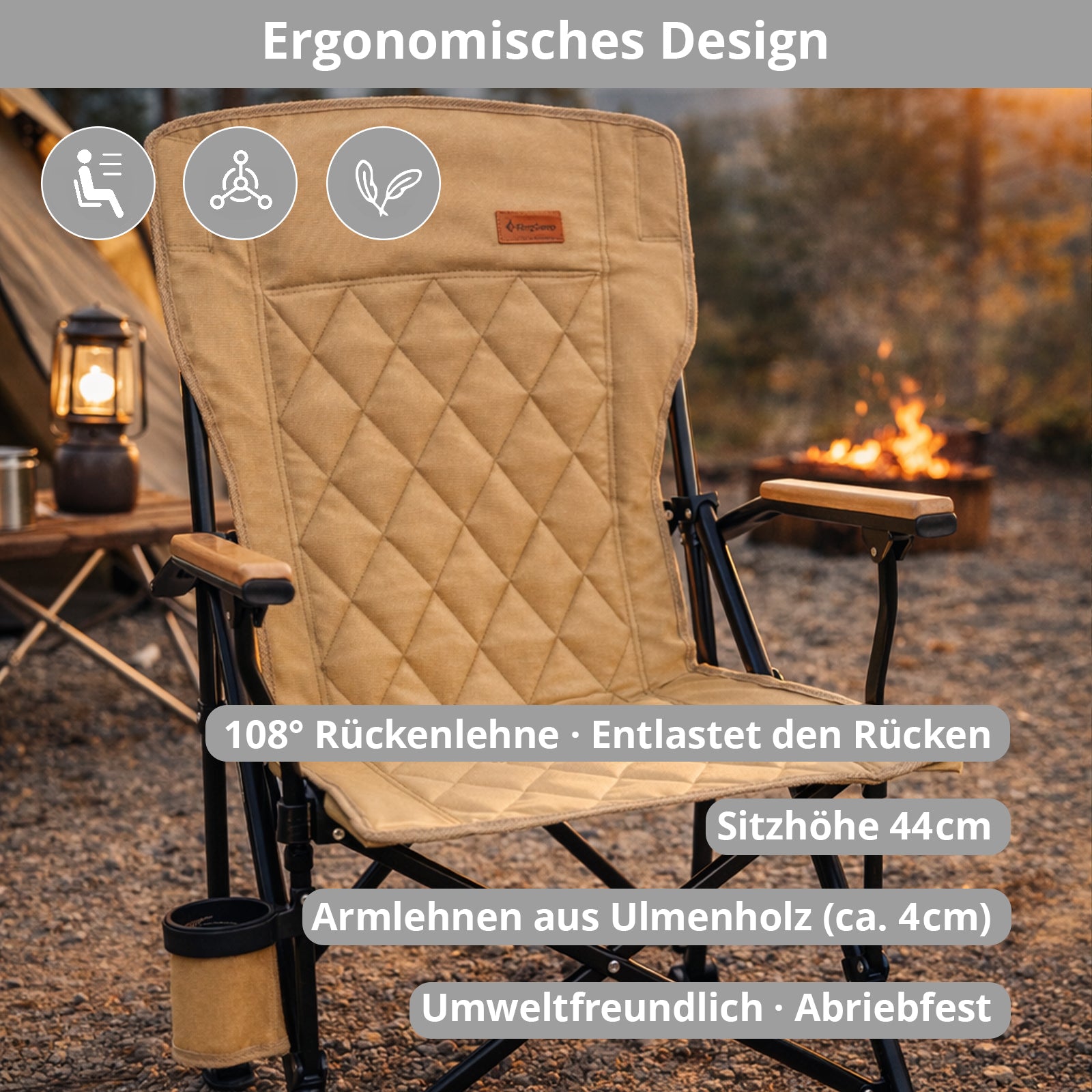KINGCAMP Campingstuhl Creekwood Outdoor Camping Sessel Stuhl Holz Armlehne 136kg