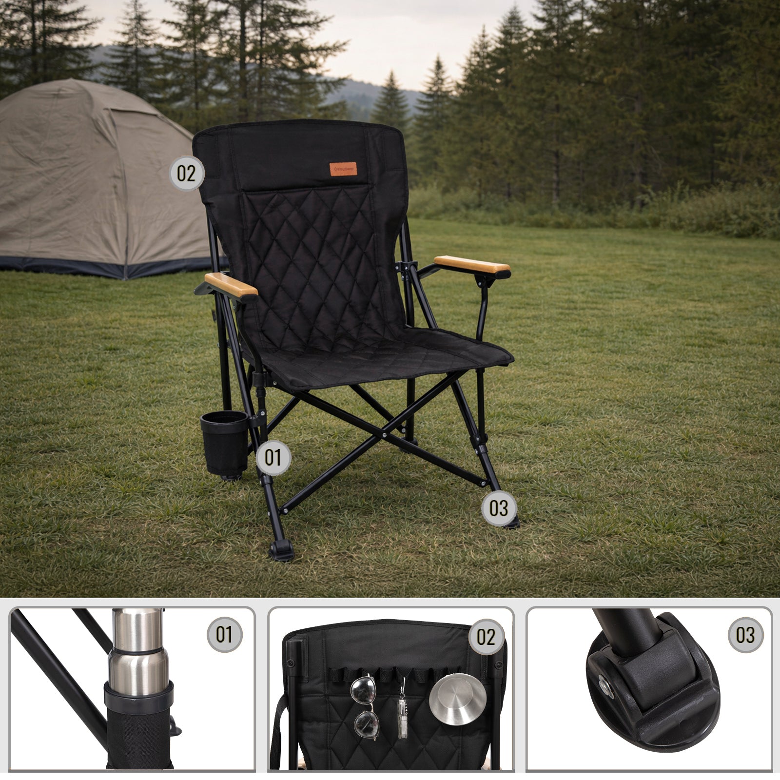 KINGCAMP Campingstuhl Creekwood Outdoor Camping Sessel Stuhl Holz Armlehne 136kg