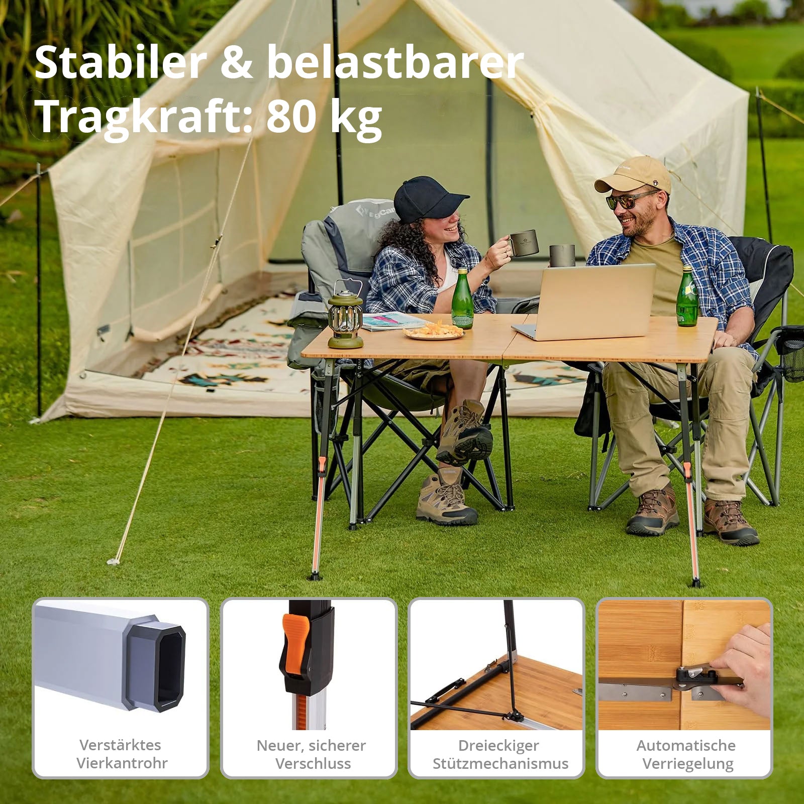 KINGCAMP Bambus Campingtisch Woboo XL Camping Klapptisch Faltbar Holz Stufenlos