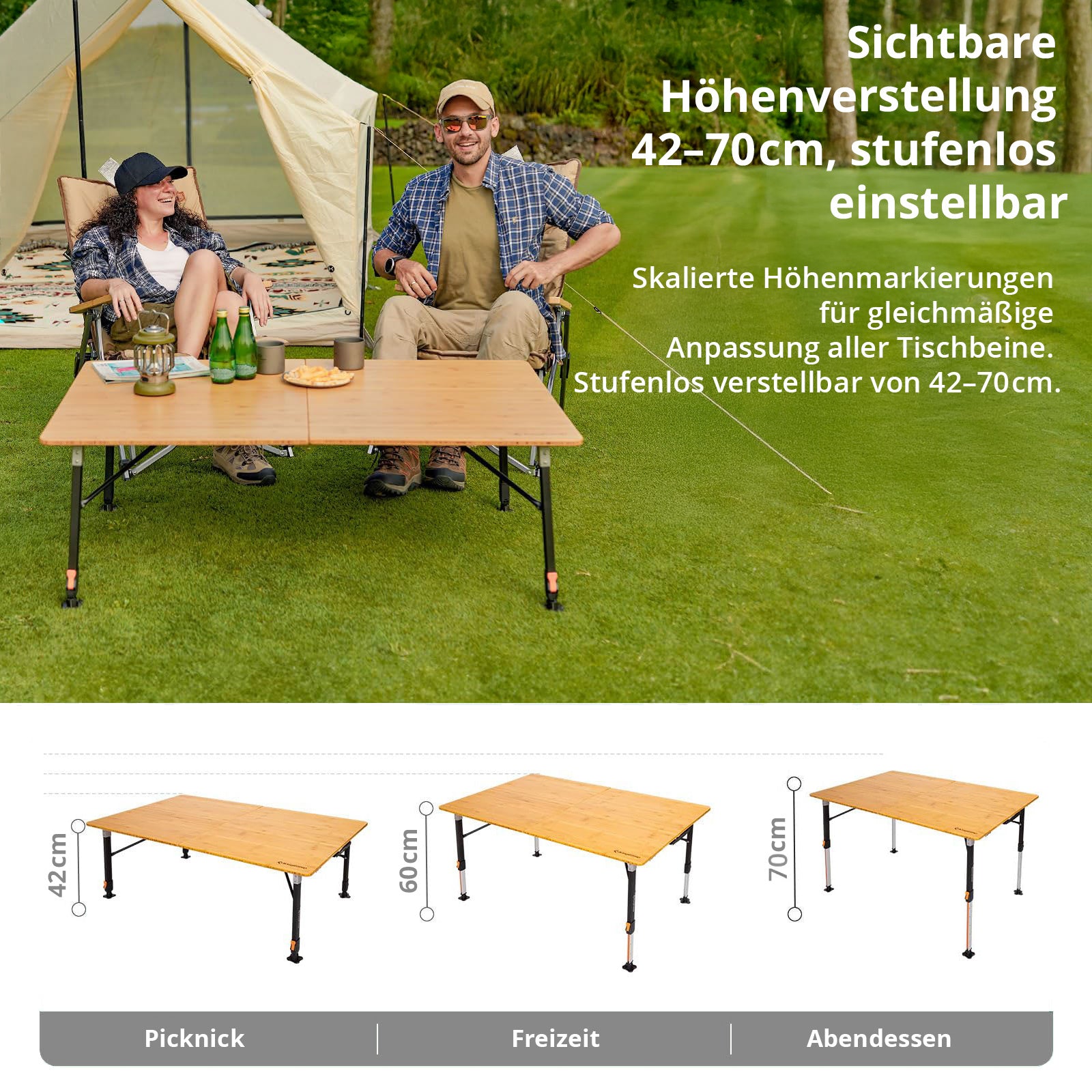 KINGCAMP Bambus Campingtisch Woboo XL Camping Klapptisch Faltbar Holz Stufenlos