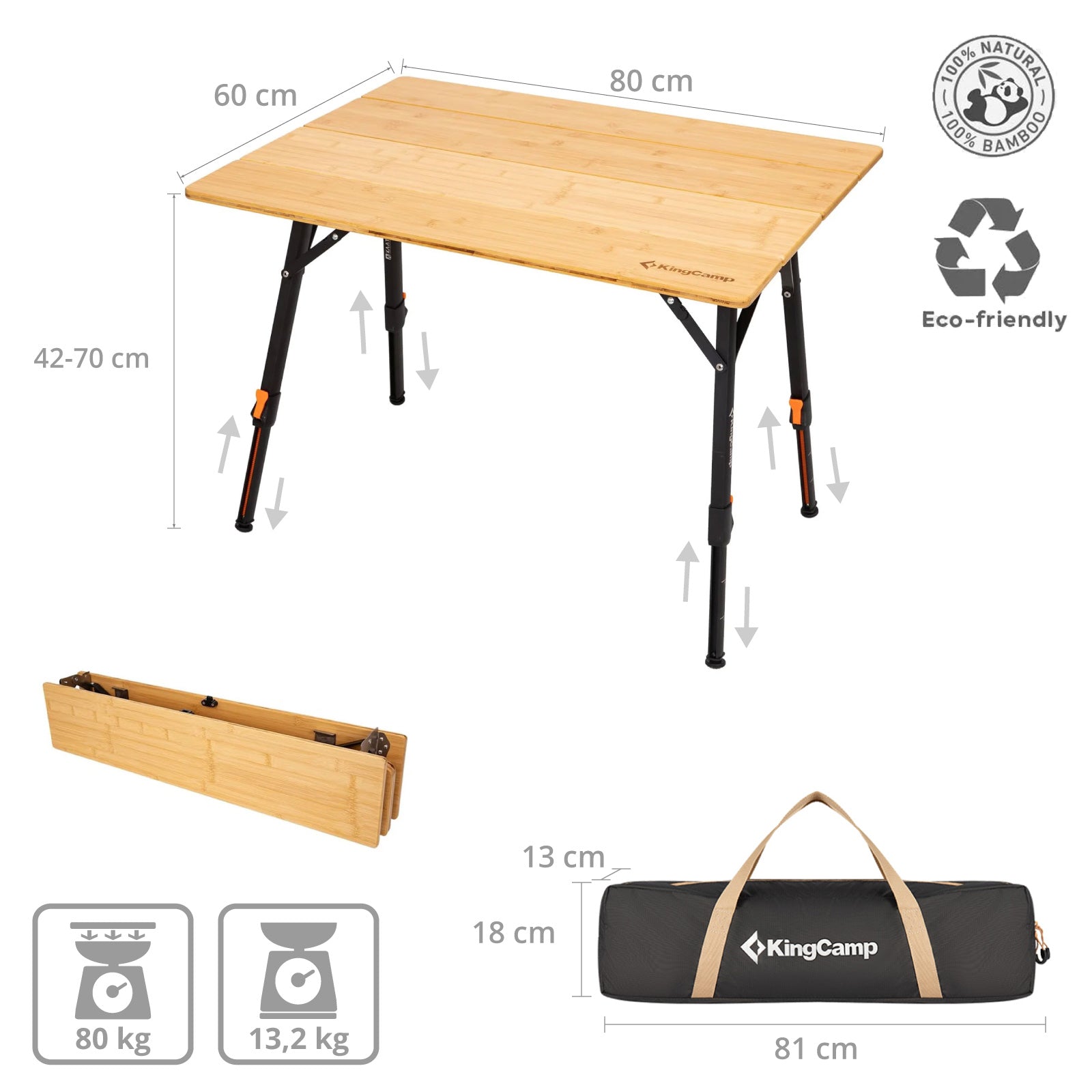 KINGCAMP Bambus Campingtisch Woboo M Camping Falttisch Klapptisch Holz Stufenlos