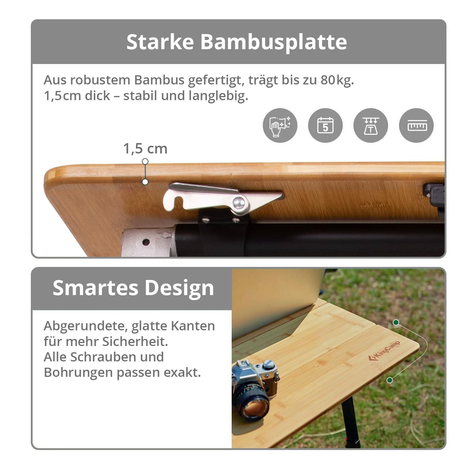 KINGCAMP Bambus Campingtisch Woboo M Camping Falttisch Klapptisch Holz Stufenlos