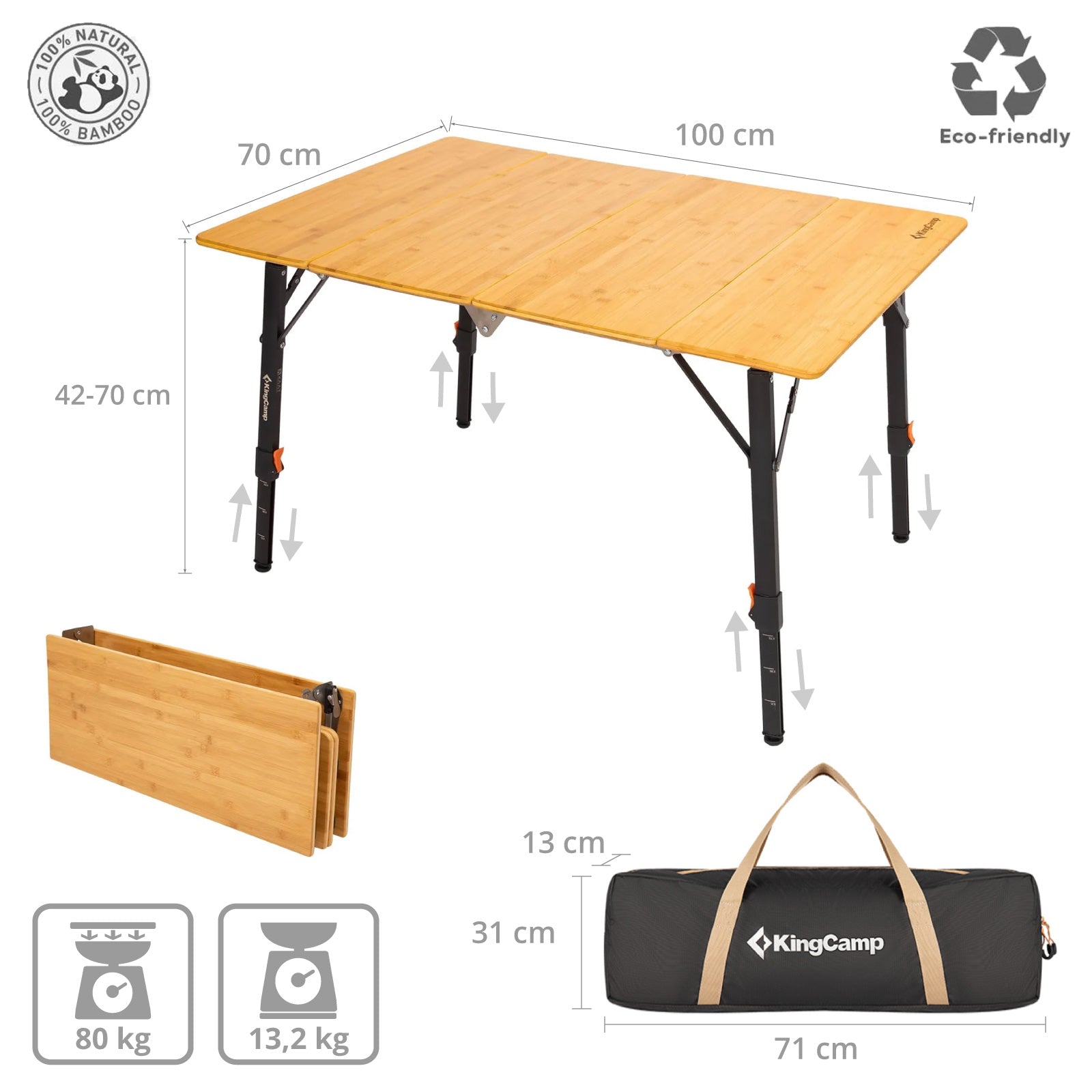 KINGCAMP Bambus Campingtisch Woboo L Camping Falttisch Klapptisch Holz Stufenlos