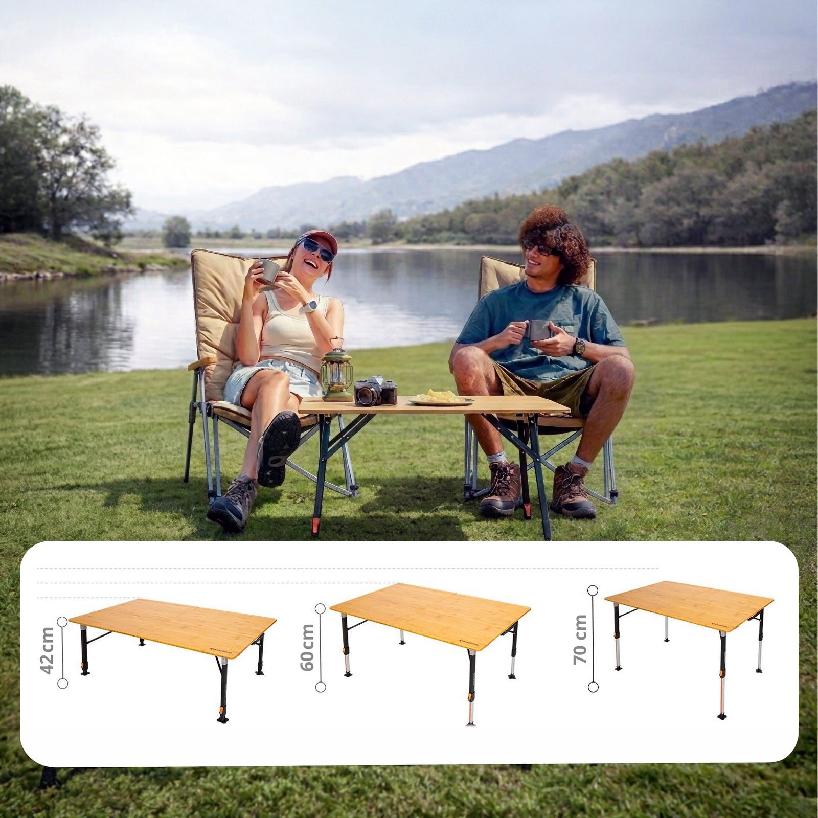 KINGCAMP Bambus Campingtisch Woboo L Camping Falttisch Klapptisch Holz Stufenlos