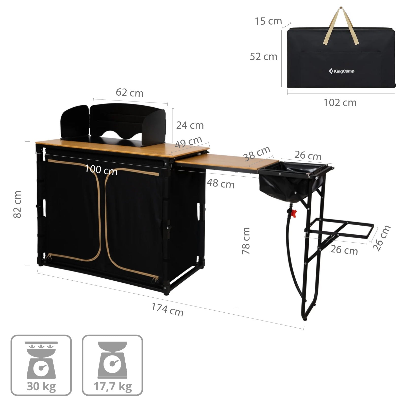 KINGCAMP Camping Küche Faltschrank Tisch Schrank Faltbar Waschbecken Bambus Holz