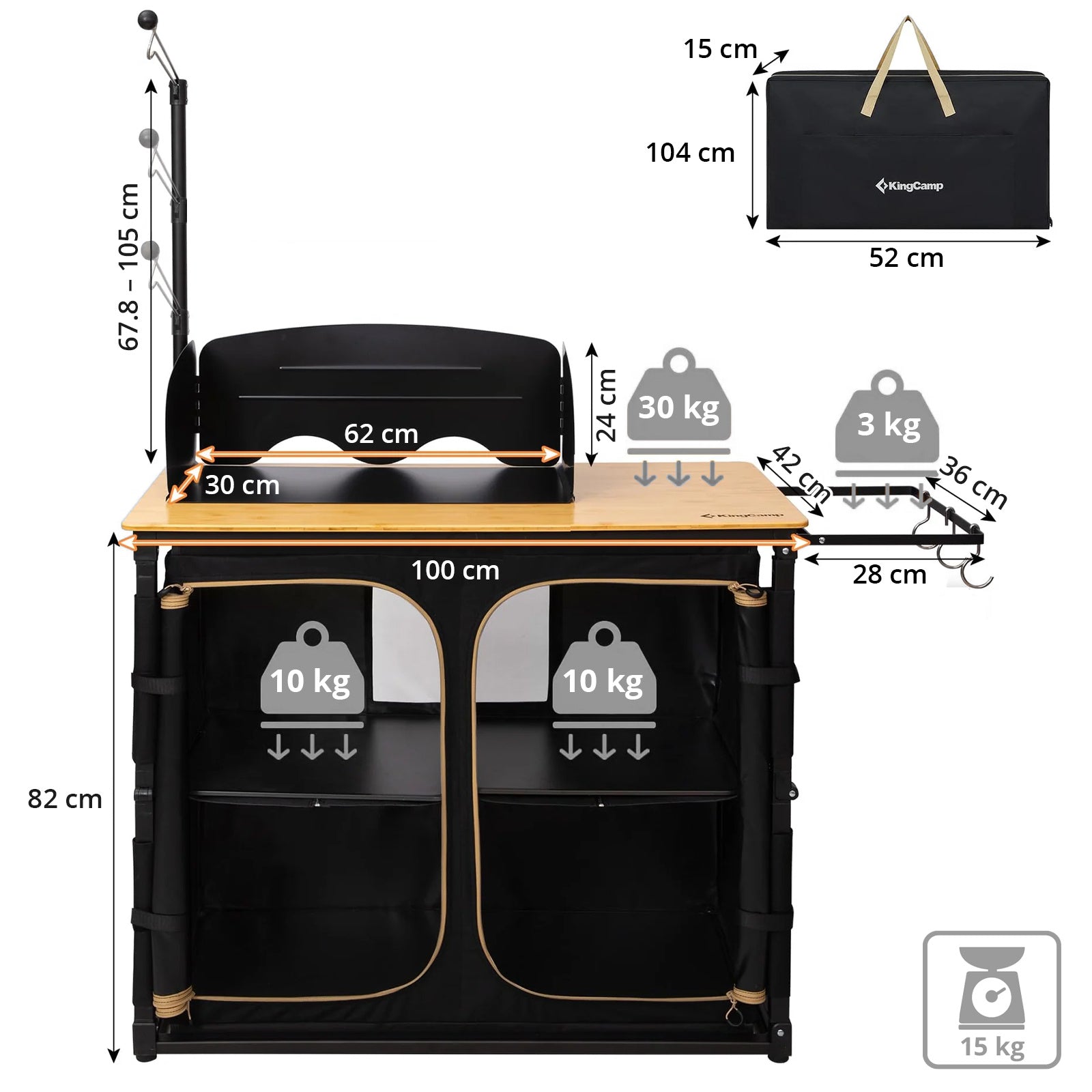 KINGCAMP Camping Küche Faltschrank Tisch Schrank Faltbar Windschutz Bambus Holz