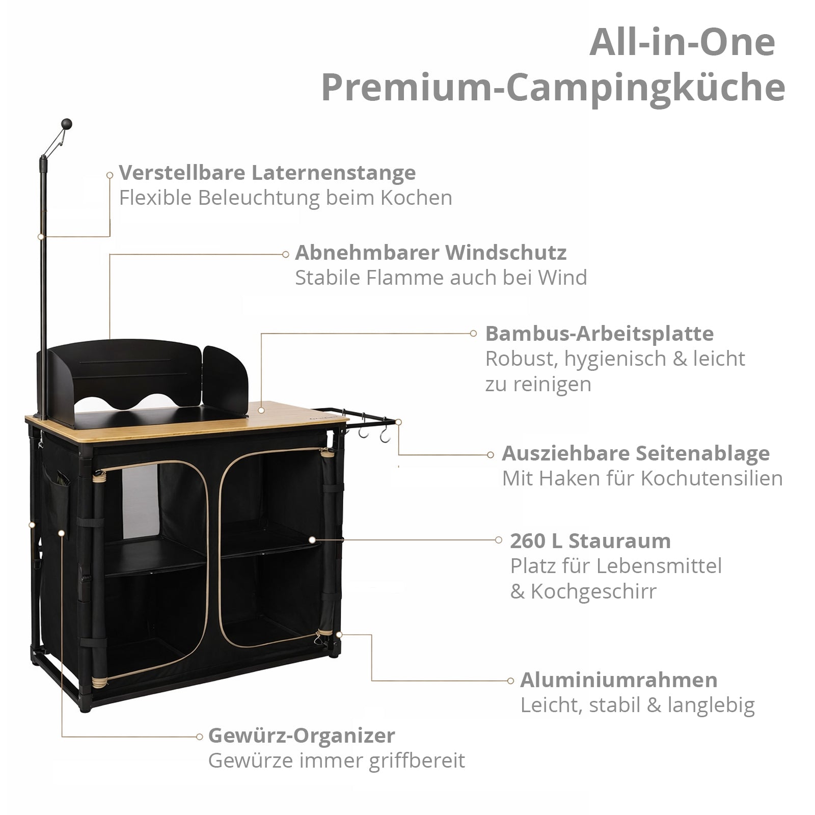 KINGCAMP Camping Küche Faltschrank Tisch Schrank Faltbar Windschutz Bambus Holz