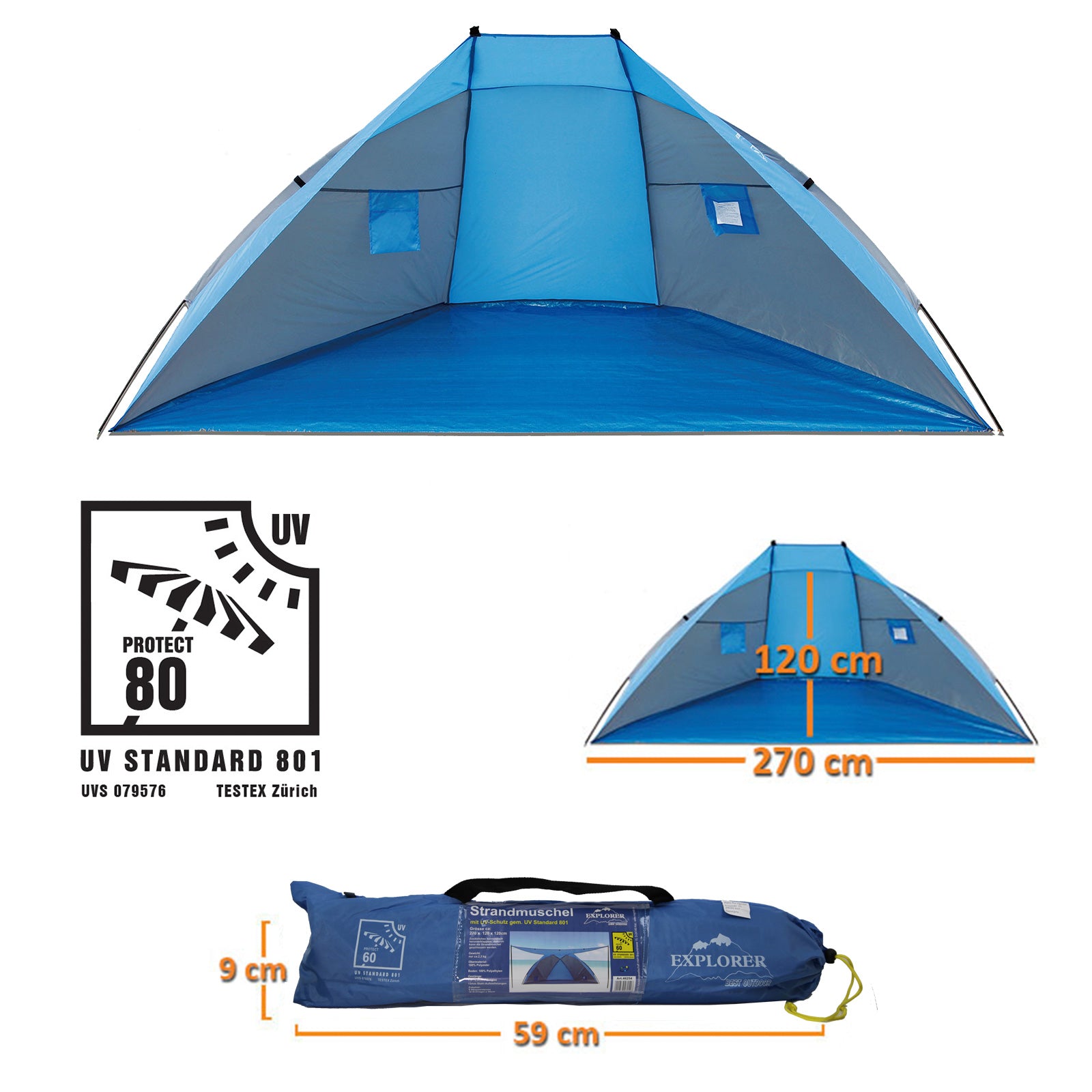 EXPLORER Strandmuschel Sonnenschutz - Strand Wind Schutz Kinder Spiel Zelt UV 80