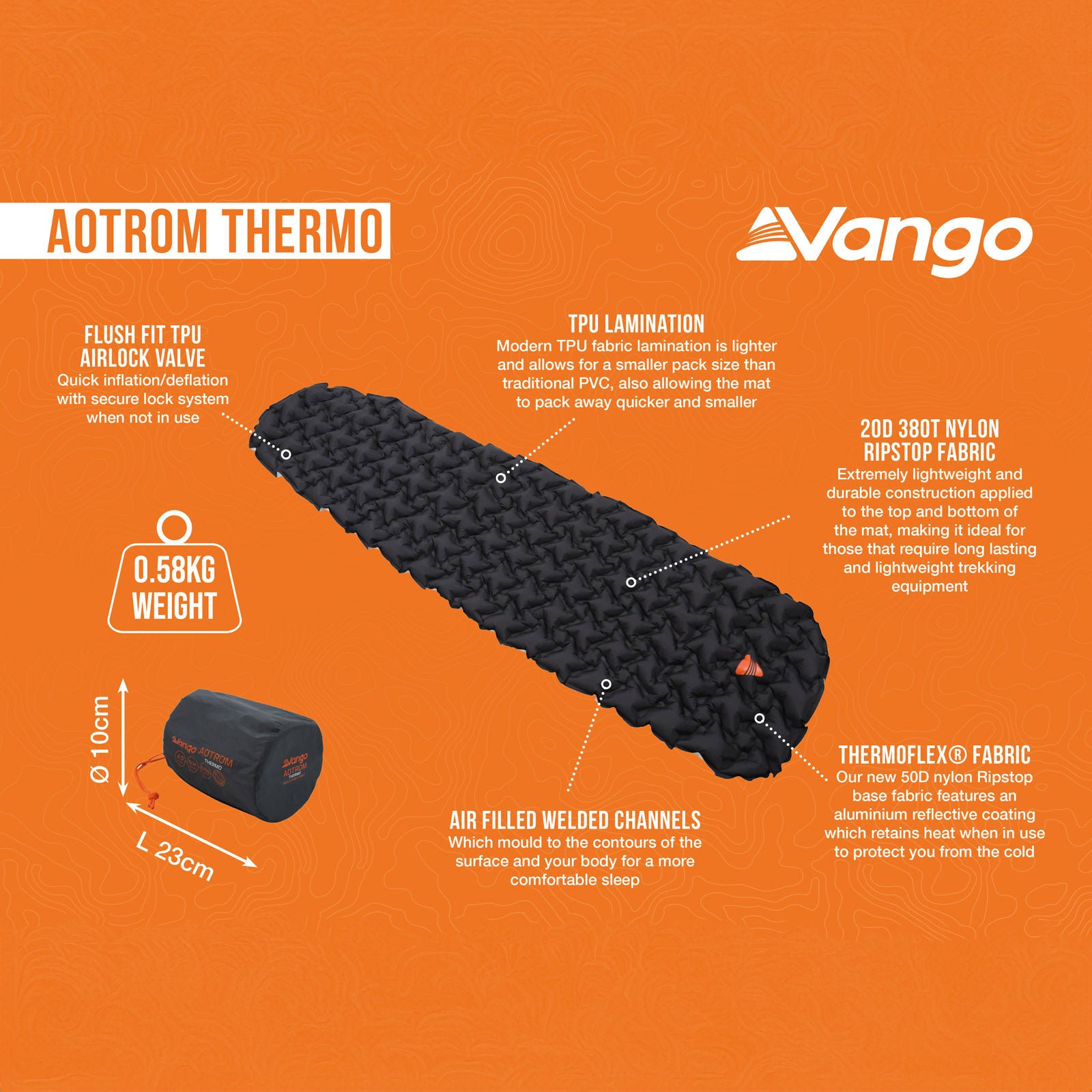 Matelas de couchage de trekking VANGO Aotrom Thermo Air Bed, matelas de camping ultra léger 0,29 kg
