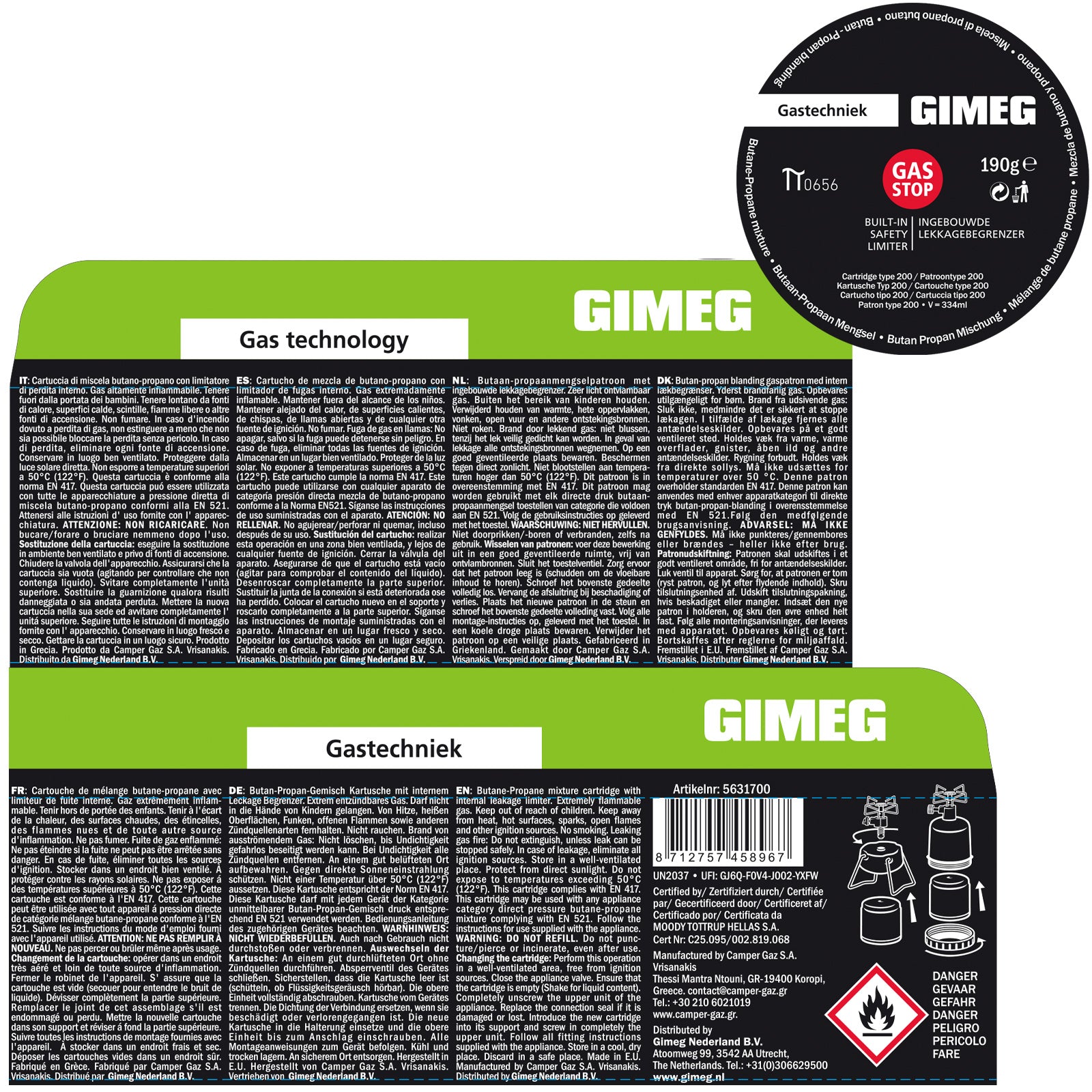 GIMEG Gaskartusche Stechkartusche Camping Gas Kartusche Kocher Propan Butan 190g