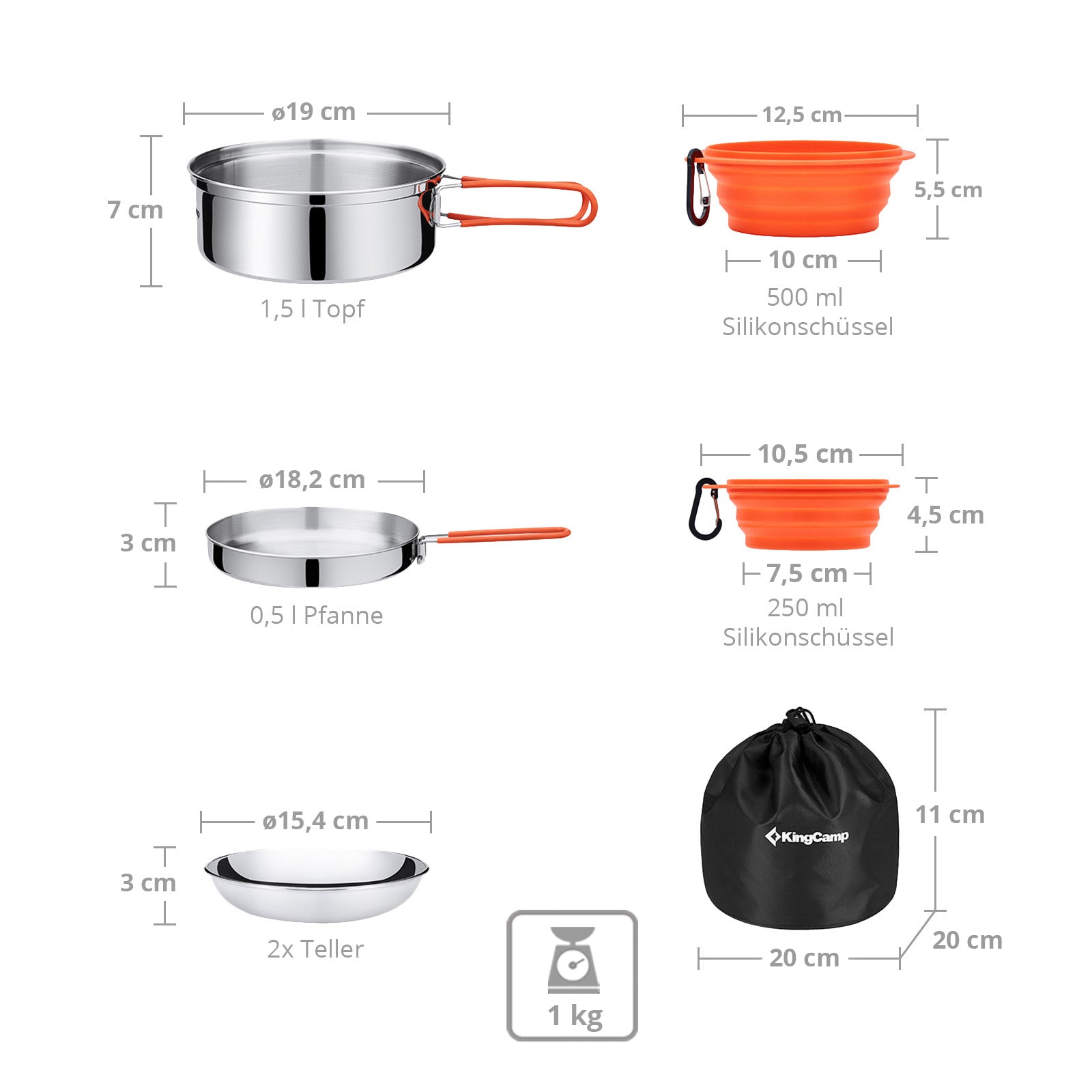 KINGCAMP Camping Cooking Set Adventurer I Pro Cooking Utensils Set Steel Pot Pan