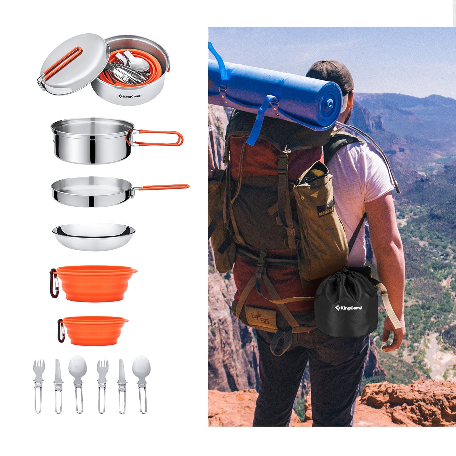 KINGCAMP Camping Cooking Set Adventurer I Pro Cooking Utensils Set Steel Pot Pan