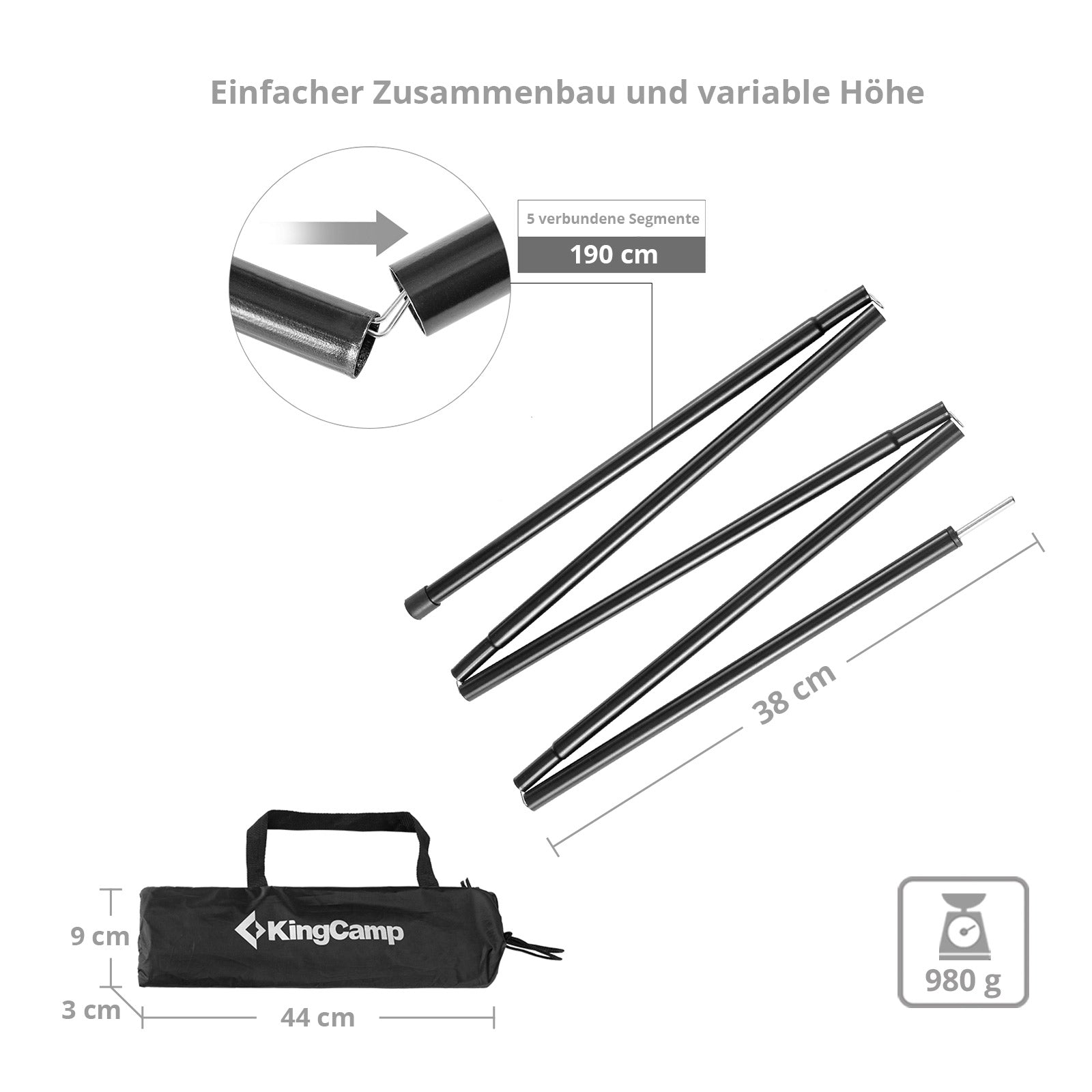 KINGCAMP 2x Set Telescopic Front Tent Pole Sunshade Tarp Pole Steel Rods