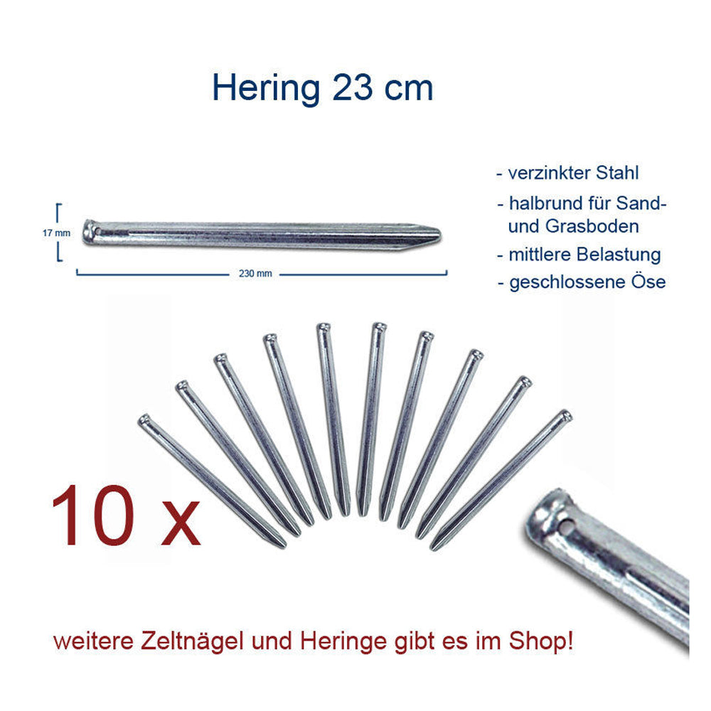 10 x Hering 23 cm Zeltnagel - Zelt Hering Erdnagel Gras & Sand - halbrund Stahl