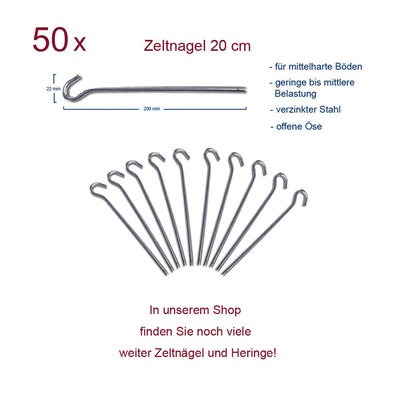 50 x Heringe 20 cm Felsnagel - Zelt Hering Erdnagel 4 mm - Stahl Nägel verzinkt