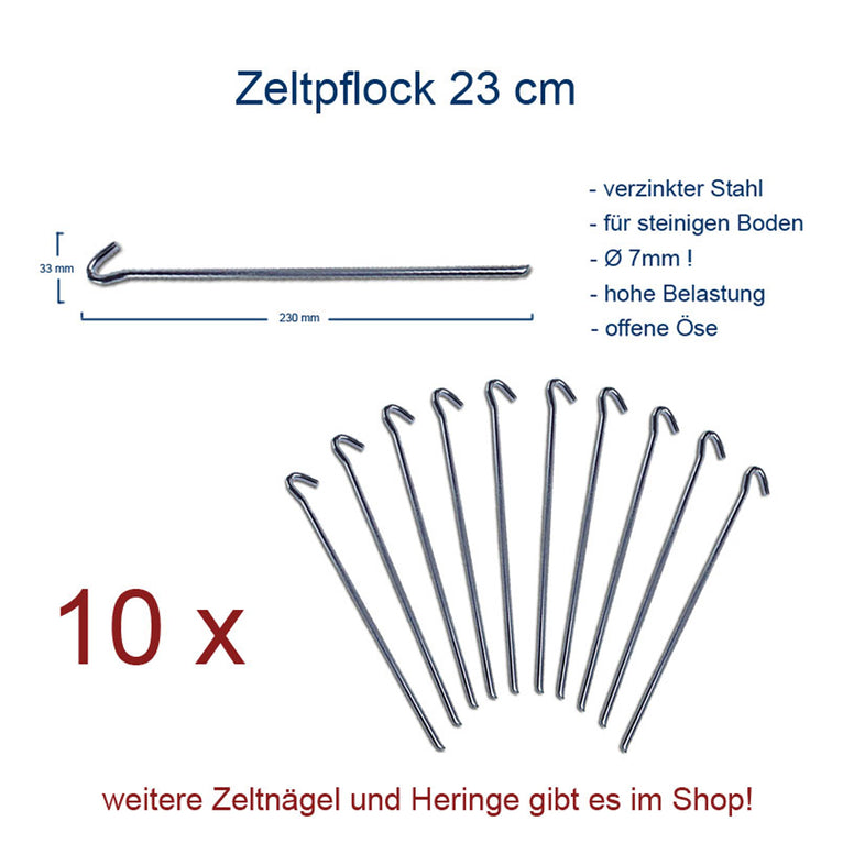 10 x Zeltpflock 23 cm - Zelt Hering Erdnagel Stahl Nagel verzinkt 7 mm stabil