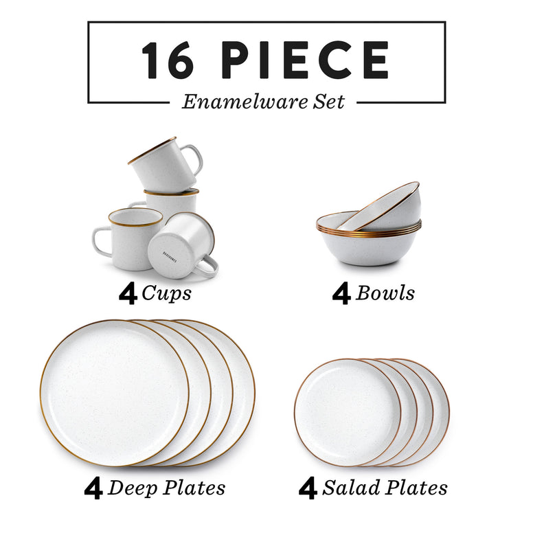 BAREBONES Enamel Camping Tableware Set Plate Bowl Mug Stainless Steel 16pcs