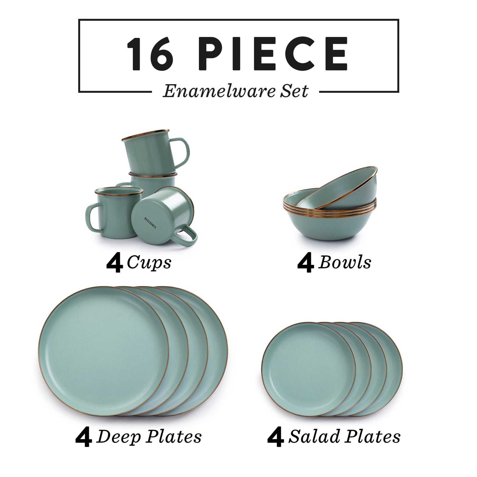 BAREBONES Enamel Camping Tableware Set Plate Bowl Mug Stainless Steel 16pcs